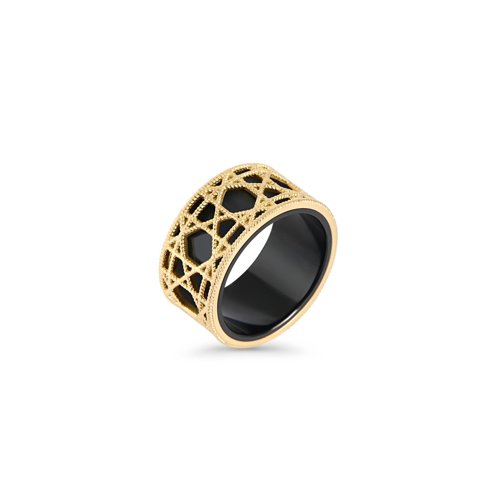 Gold stainless steel openwork ring with black enamel interior, bold statement band ring, hypoallergenic non-tarnish durable contemporary jewelry Canada.
