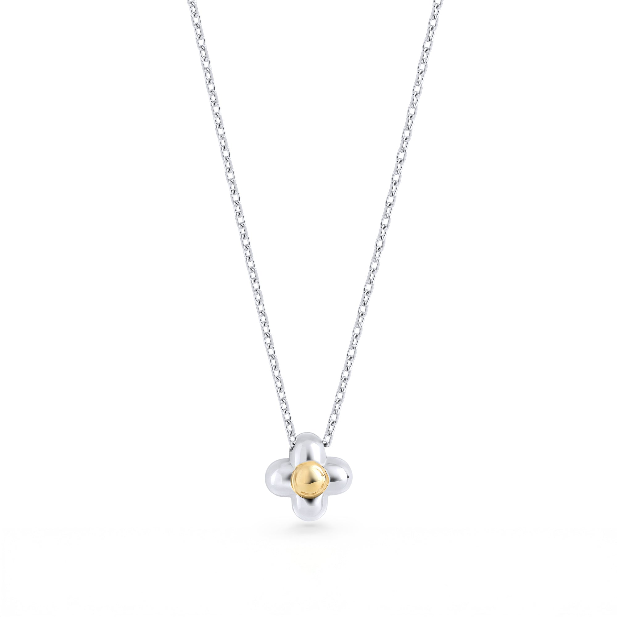 Silver stainless steel flower pendant necklace with gold center, minimalist everyday jewelry, durable tarnish resistant chain, modern women’s necklace in Canada.