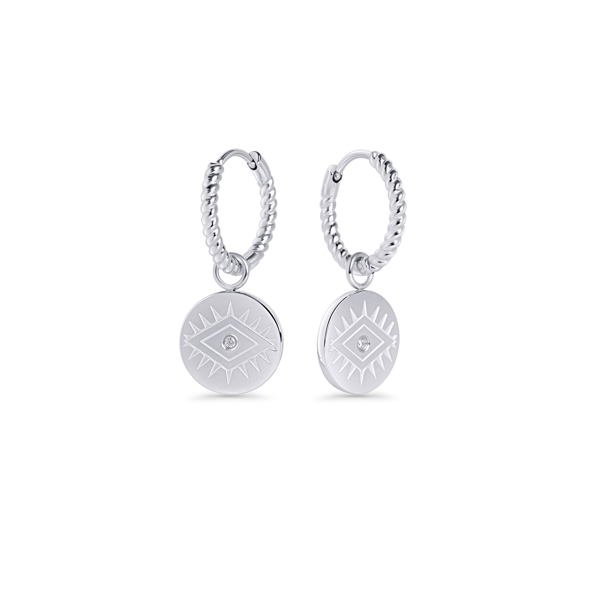 Evil eye silver coin charm huggie earrings with cubic zirconia – hypoallergenic, non-tarnish stainless steel earrings for sensitive ears by Mia Bijoux Canada
