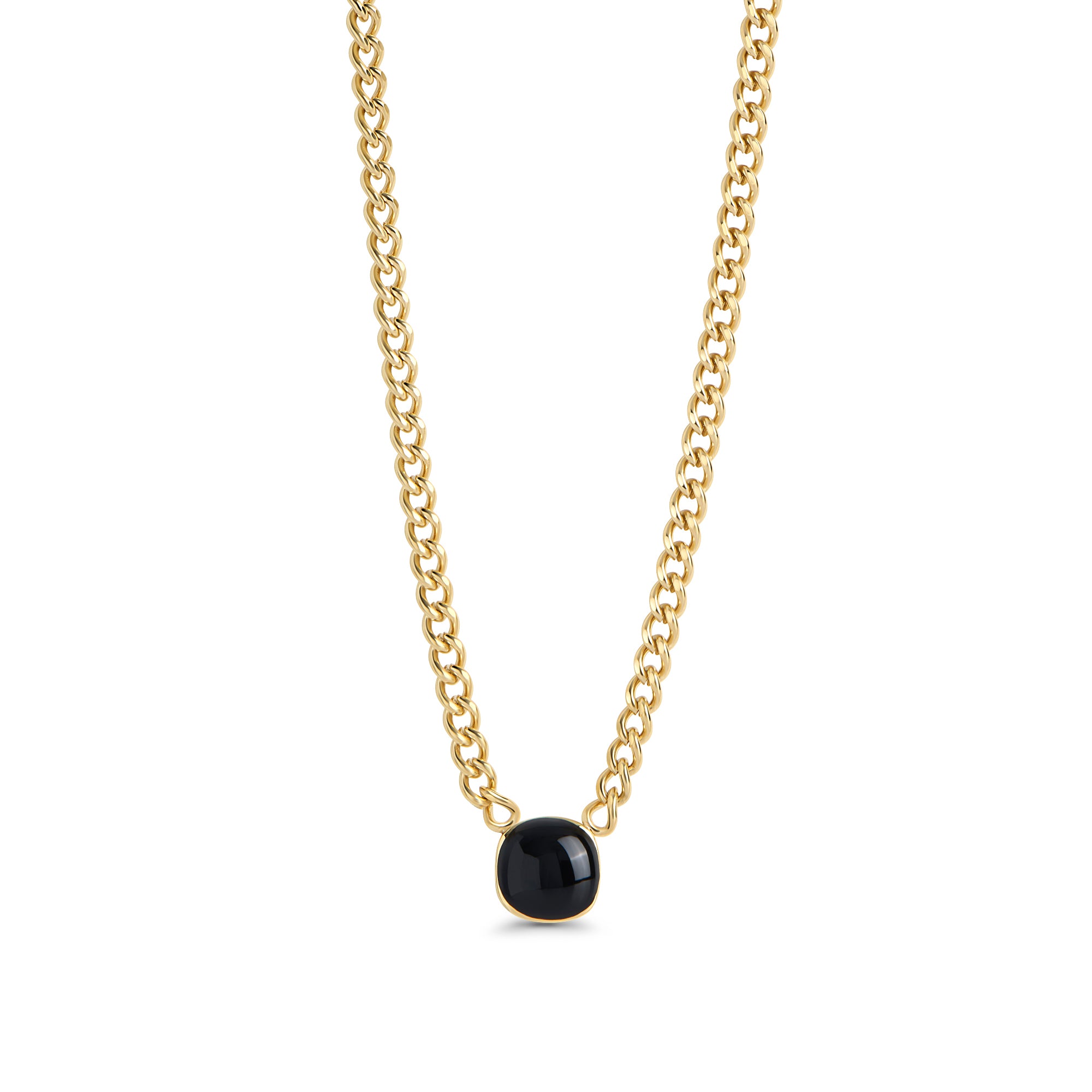 Gold stainless steel chain necklace with black onyx square pendant, bold minimalist statement jewelry, hypoallergenic non-tarnish durable design.