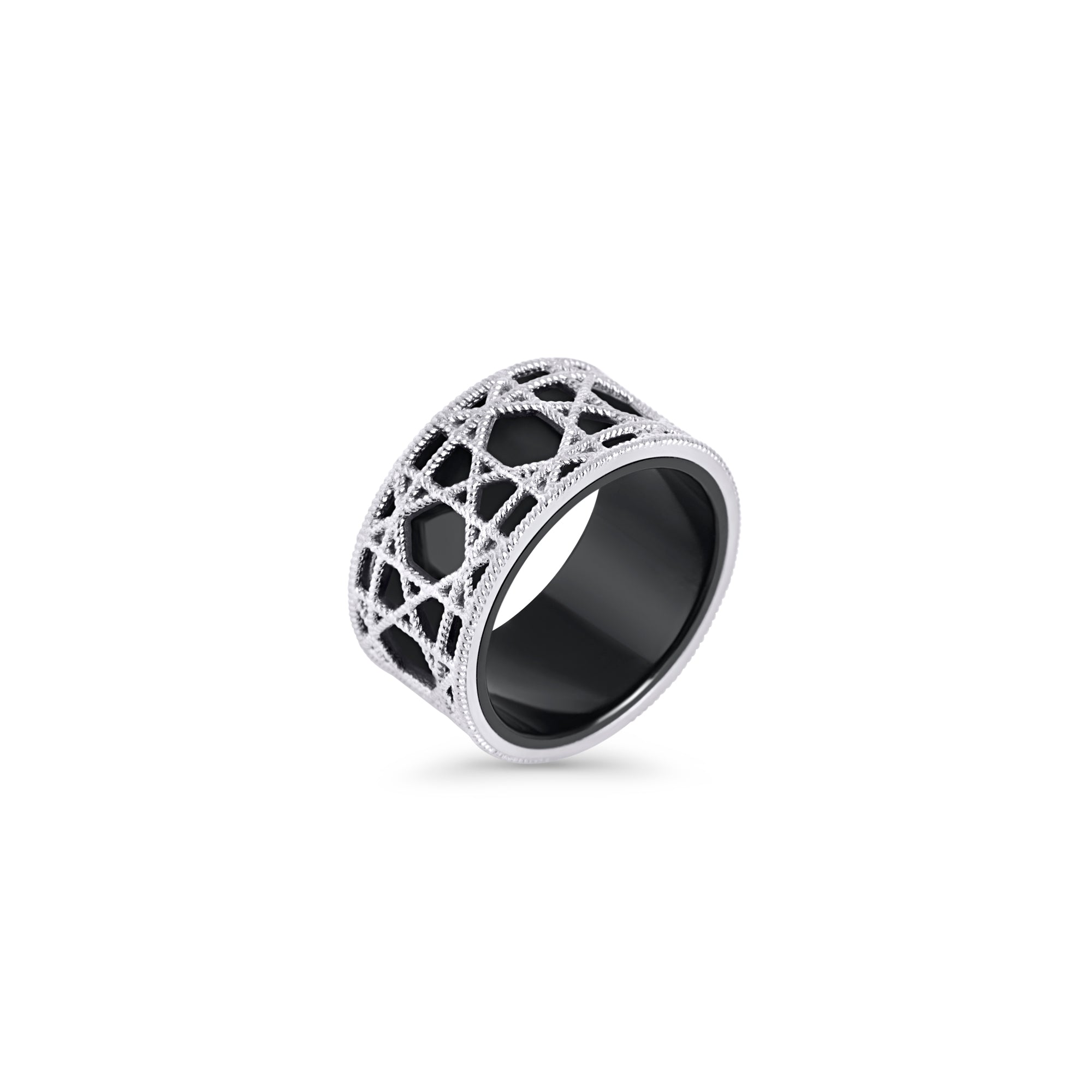 Silver stainless steel openwork ring with black enamel interior, bold statement band ring, hypoallergenic non-tarnish durable contemporary jewelry Canada.