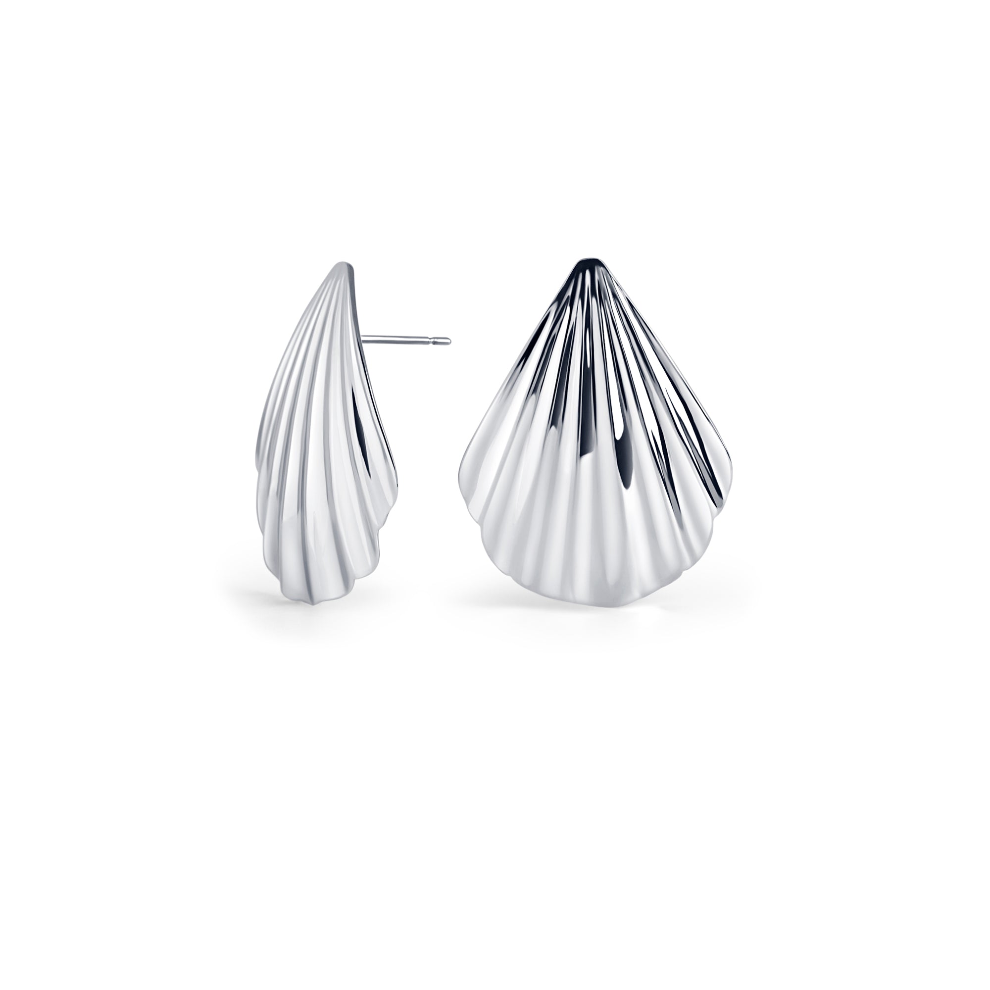 Silver stainless steel sculptural stud earrings with shell-inspired design, bold modern jewelry, hypoallergenic non-tarnish durable earrings, elegant statement everyday jewelry.