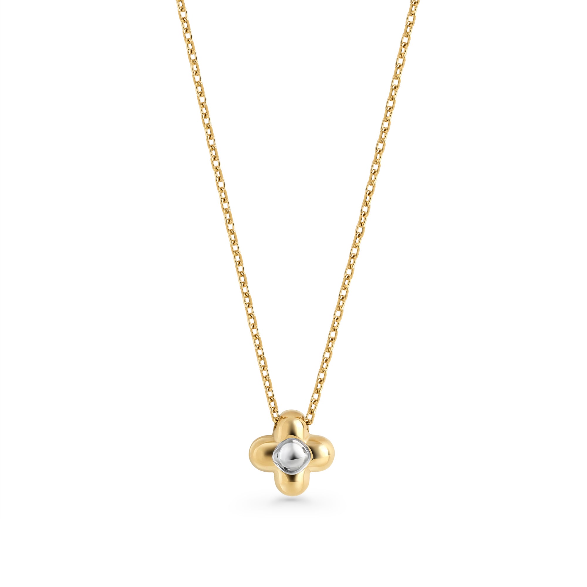 Gold stainless steel clover pendant necklace with silver center, delicate chain necklace for daily wear, long-lasting shine, hypoallergenic jewelry available in Canada.