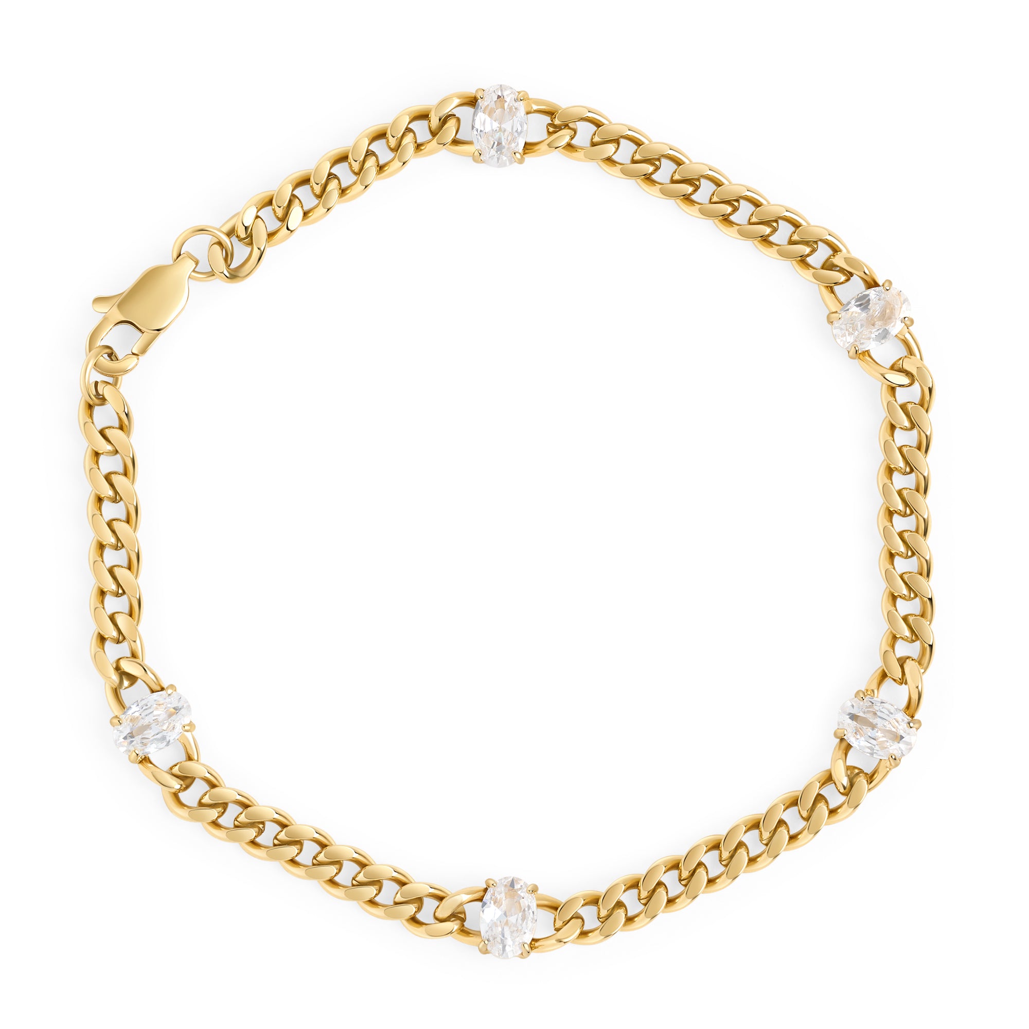 Gold curb chain bracelet with oval cubic zirconia stones – hypoallergenic, waterproof & non-tarnish stainless steel bracelet for sensitive skin, affordable luxury jewelry by Mia Bijoux Canada