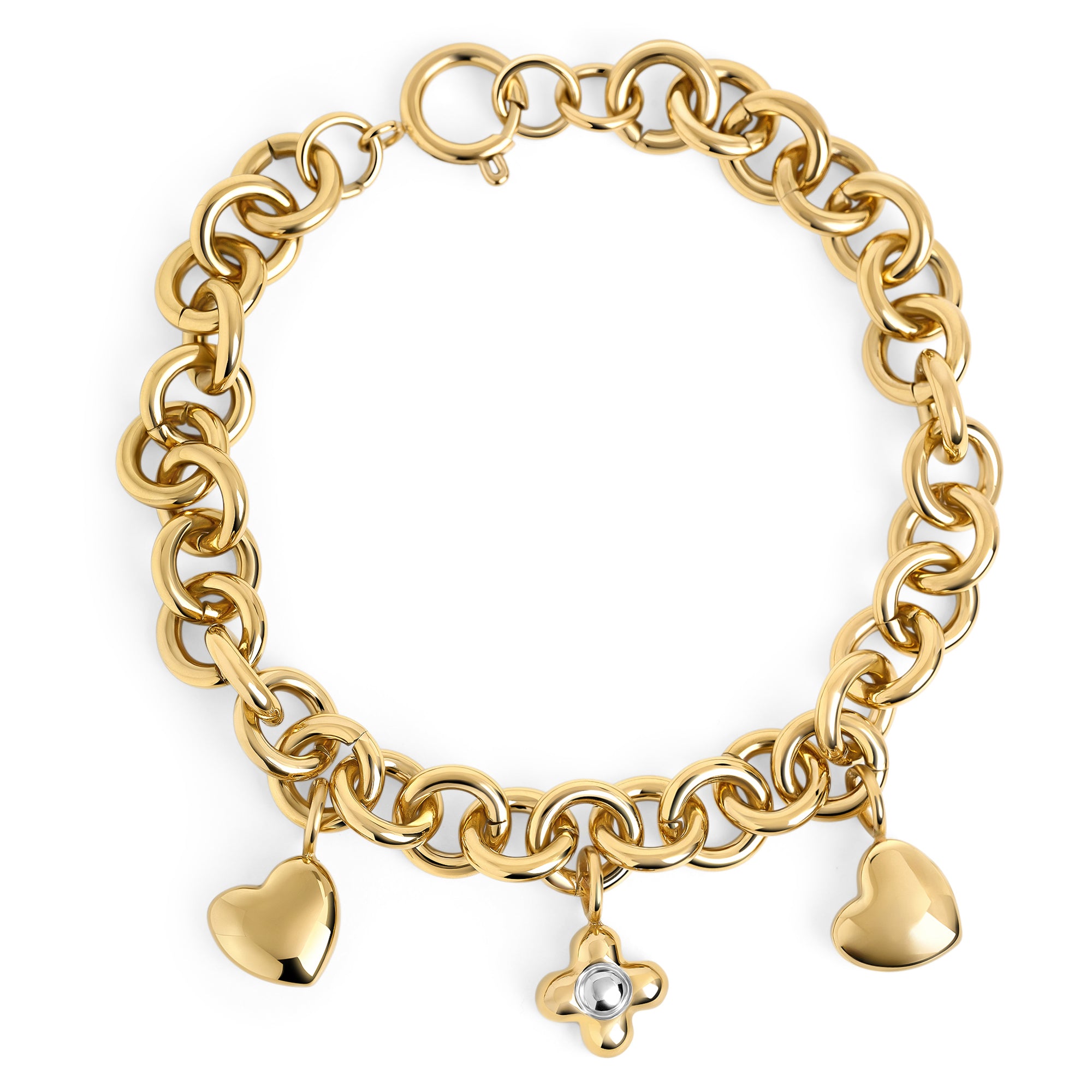 Chunky gold chain bracelet with heart and flower charms in stainless steel, bold modern jewelry with high-polish finish, durable, tarnish resistant and designed for everyday wear in Canada.