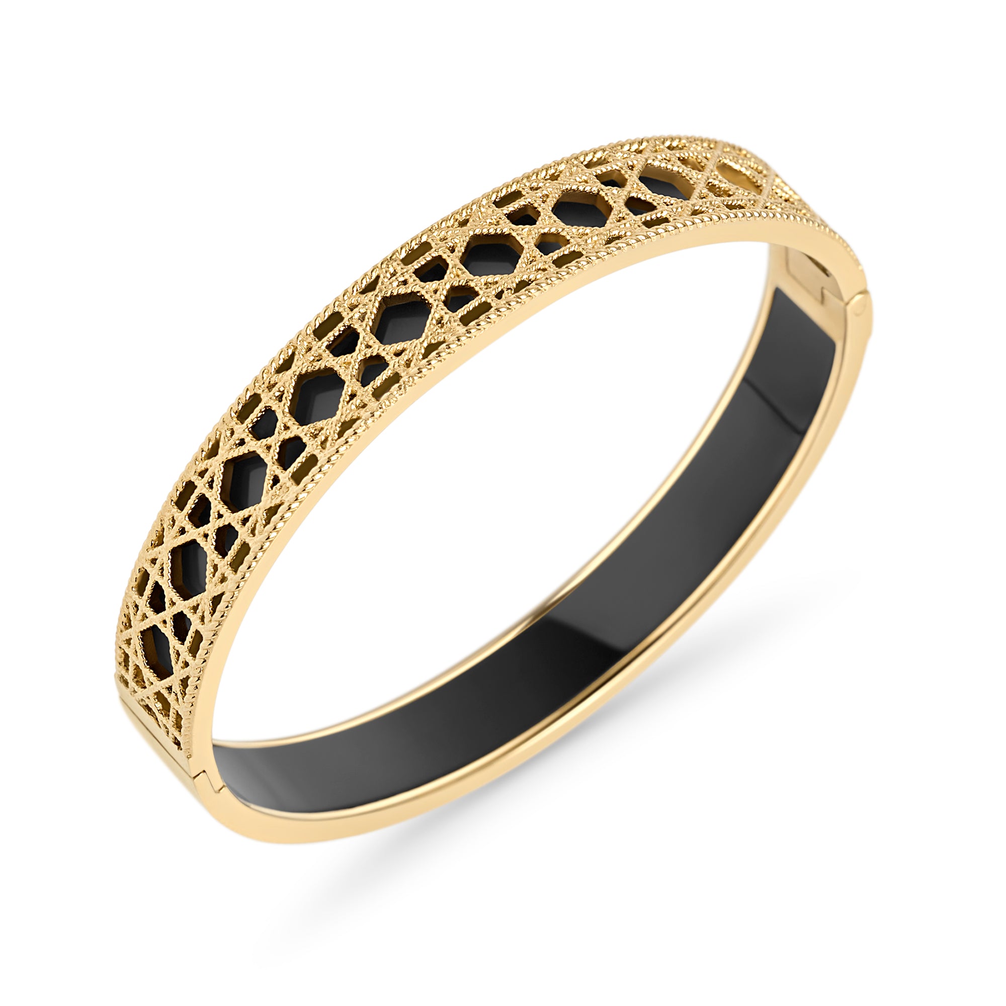 Gold and black filigree lattice bangle bracelet – nickel-free, waterproof & tarnish-resistant stainless steel bangle for women, top-rated statement jewelry by Mia Bijoux Canada