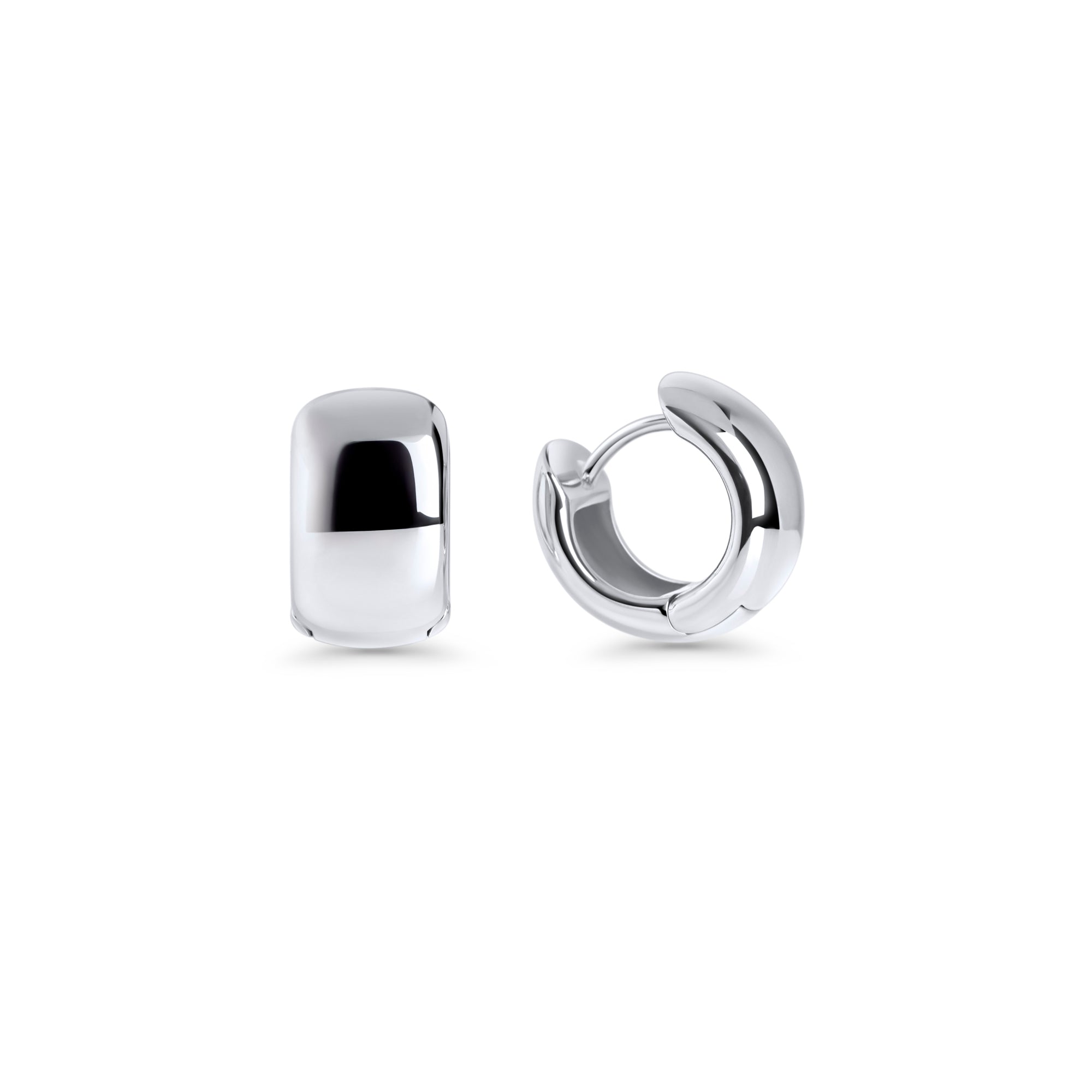Silver stainless steel chunky huggie hoop earrings with smooth rounded design, hypoallergenic earrings for sensitive ears, non-tarnish durable minimalist everyday jewelry Canada.