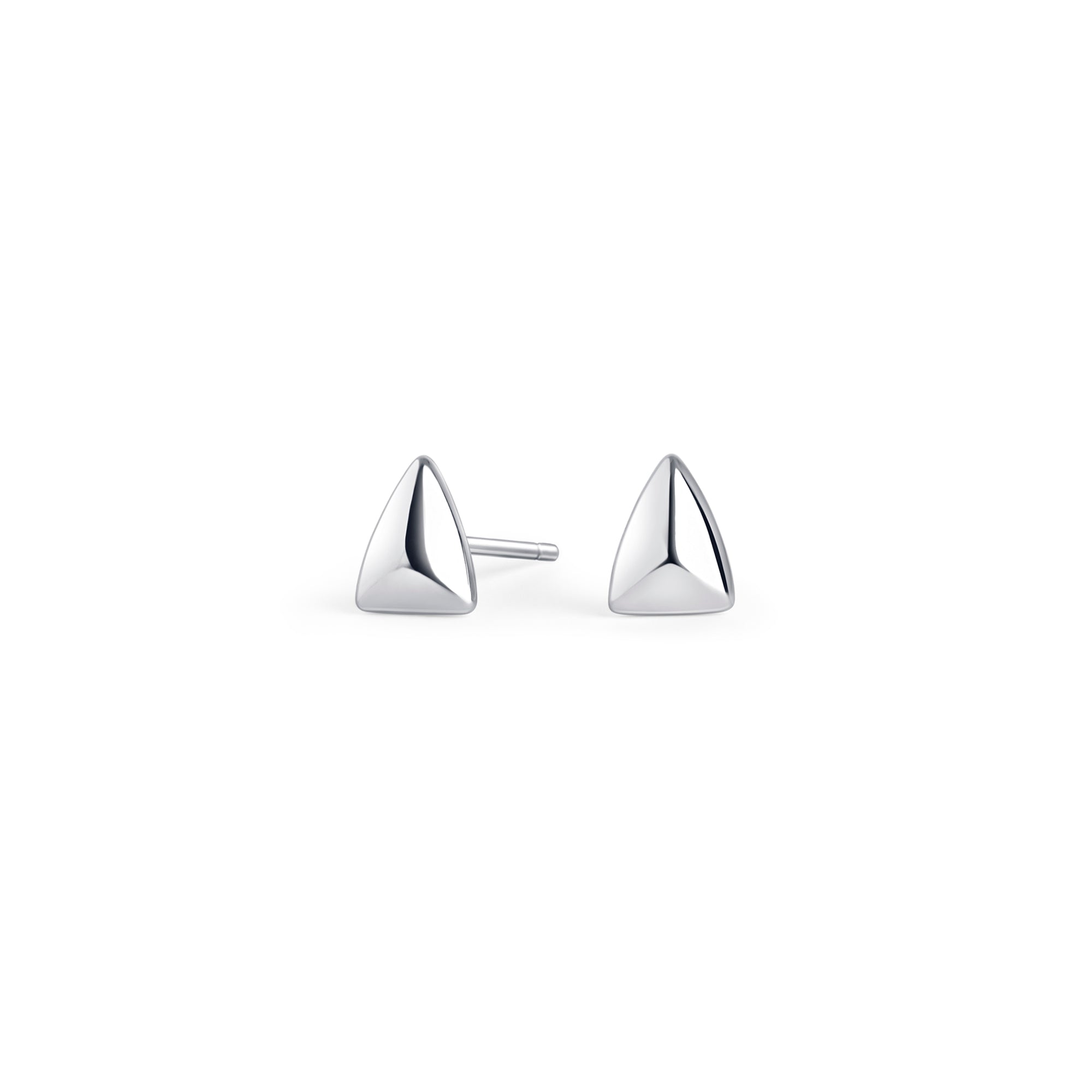 Silver stainless steel geometric stud earrings with triangular design, minimalist modern jewelry, hypoallergenic non-tarnish durable earrings, sleek everyday fashion jewelry.