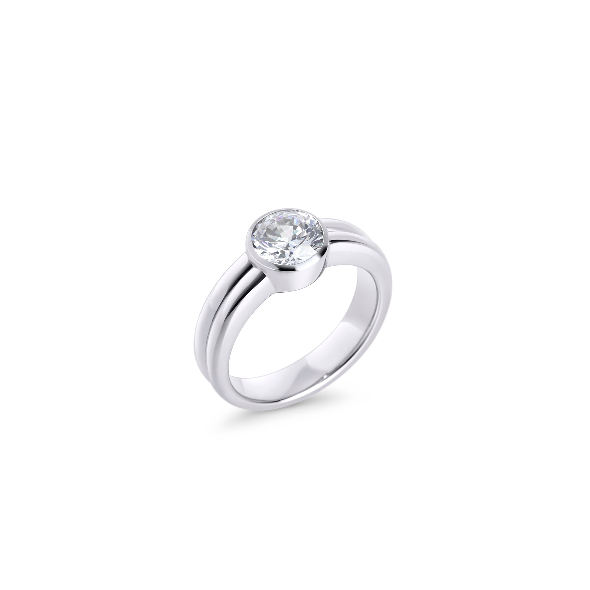 Silver stainless steel solitaire ring with round cubic zirconia stone, minimalist durable ring design, hypoallergenic jewelry safe for sensitive skin, elegant everyday statement ring.