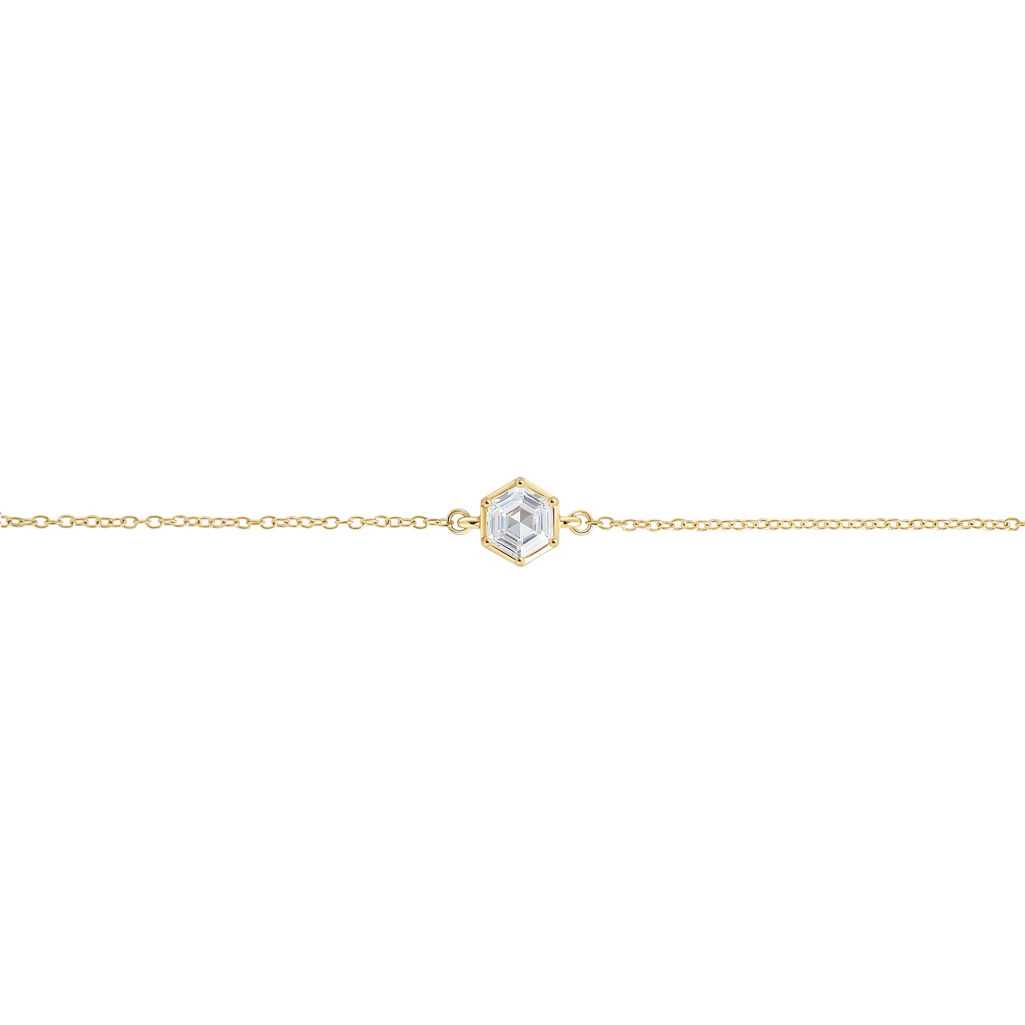 Gold stainless steel bracelet with hexagon cubic zirconia solitaire, minimalist delicate chain bracelet, hypoallergenic non-tarnish durable everyday jewelry Canada.