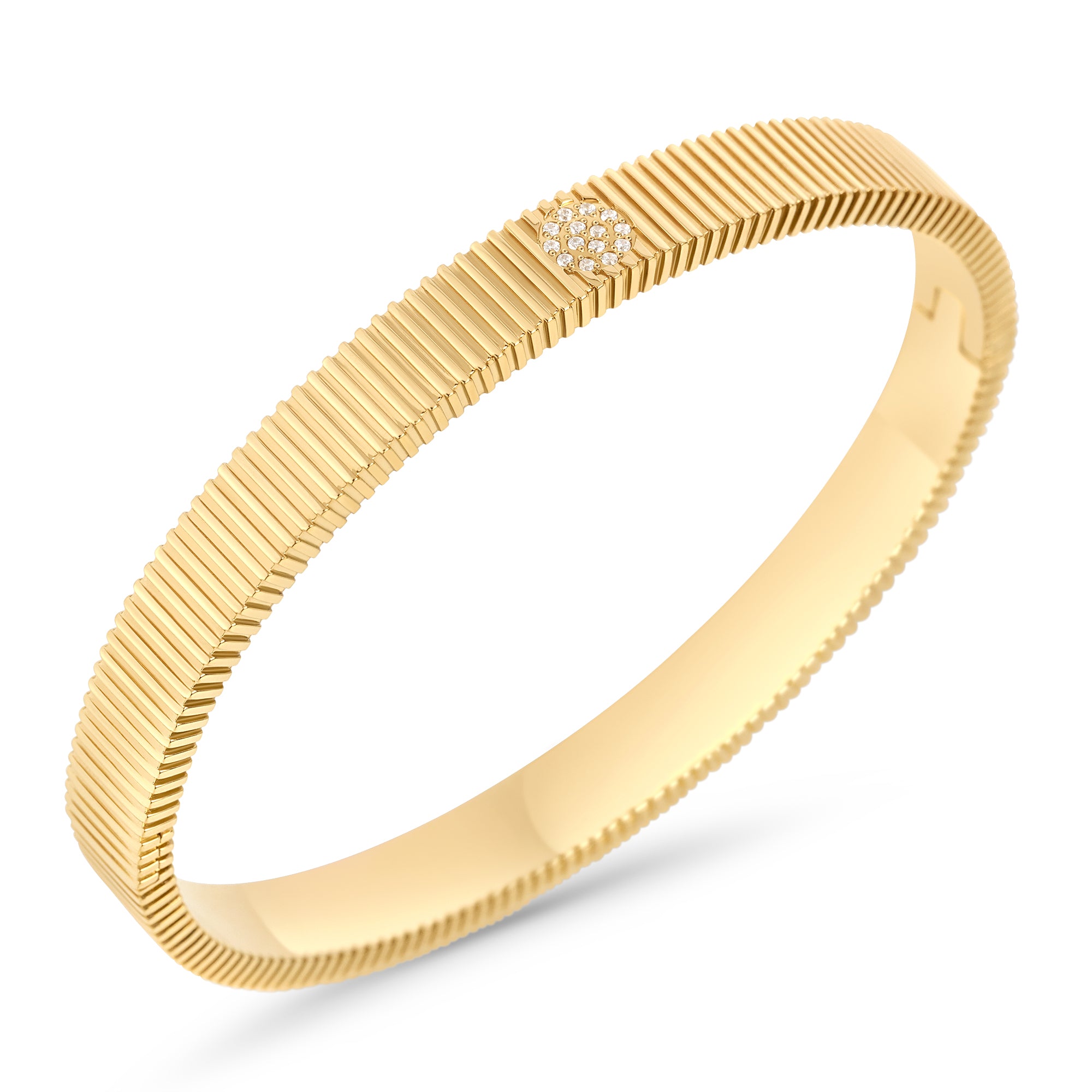 Gold ribbed bangle bracelet with cubic zirconia pavé – hypoallergenic, waterproof & non-tarnish stainless steel bangle for sensitive skin, affordable luxury jewelry by Mia Bijoux Canada