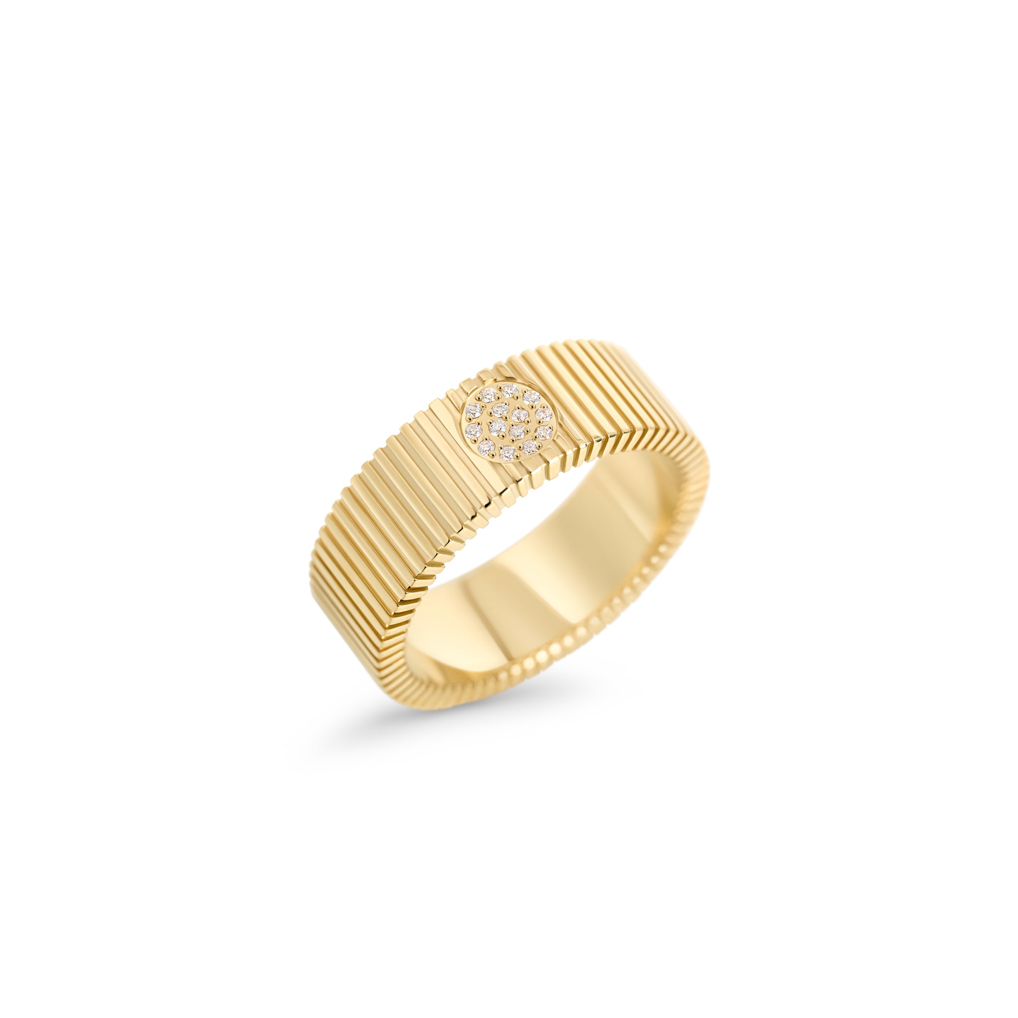 Gold ribbed band ring with round pavé detail in surgical stainless steel, hypoallergenic jewelry for sensitive skin, tarnish free and safe.
