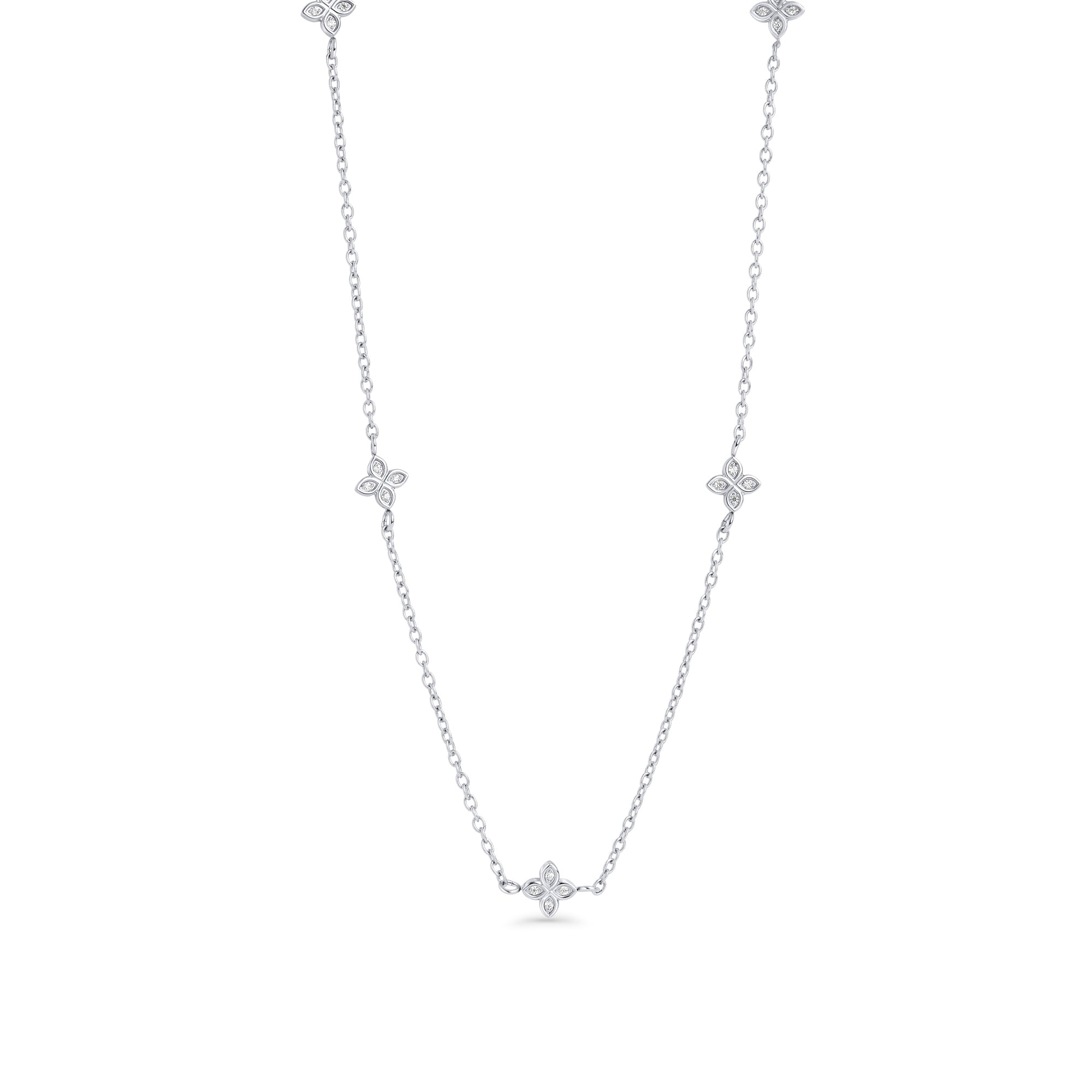 Silver long chain necklace with cubic zirconia flower charms – hypoallergenic, waterproof & non-tarnish stainless steel necklace for sensitive skin, affordable luxury jewelry by Mia Bijoux Canada