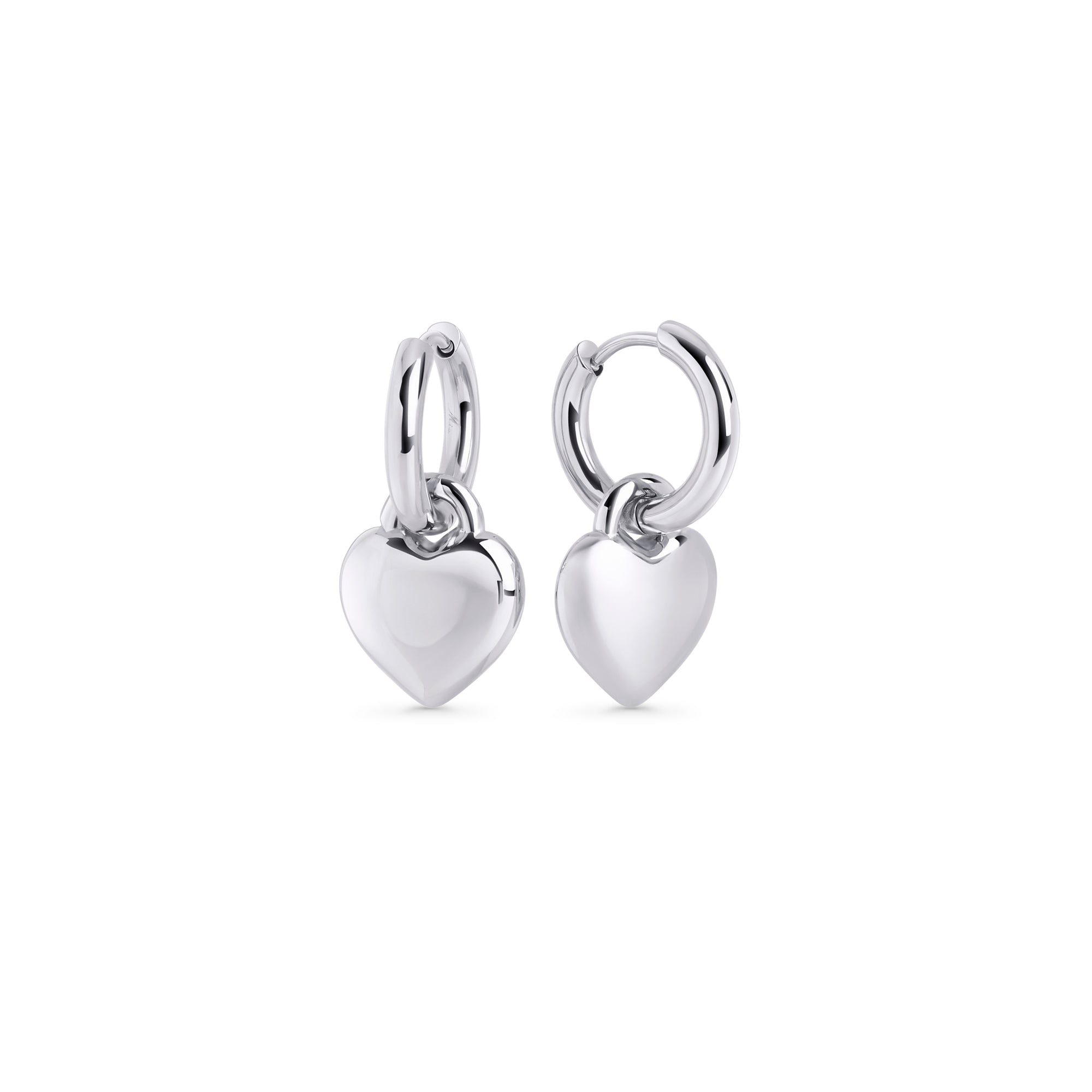 Silver huggie hoop earrings with removable puffy heart charm – nickel-free, waterproof & tarnish-resistant stainless steel earrings for sensitive ears, affordable luxury jewelry by Mia Bijoux Canada