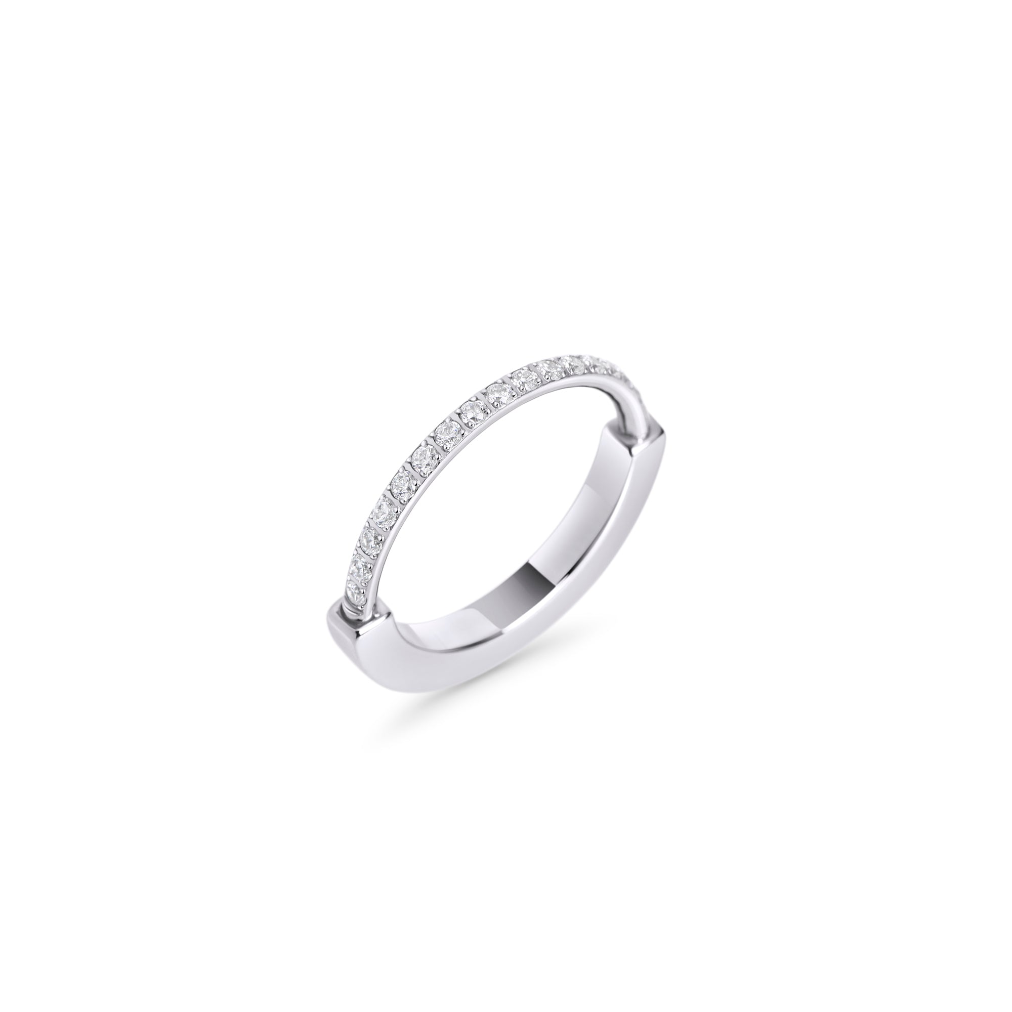 Silver stainless steel pavé cubic zirconia ring, minimalist elegant stacking ring, hypoallergenic non-tarnish durable everyday jewelry, delicate modern jewelry design.