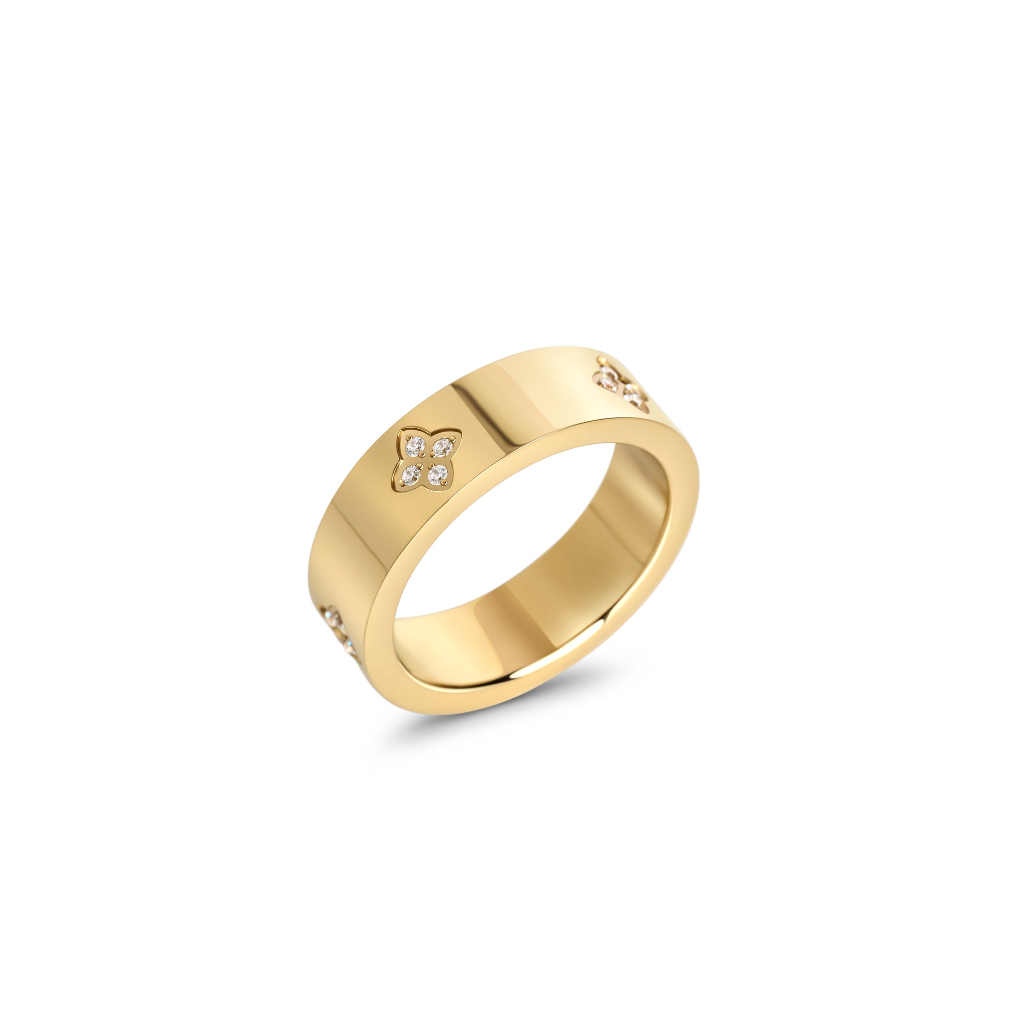 Gold band ring with pavé flower detail in surgical stainless steel, hypoallergenic ring for sensitive skin, waterproof and non tarnish.