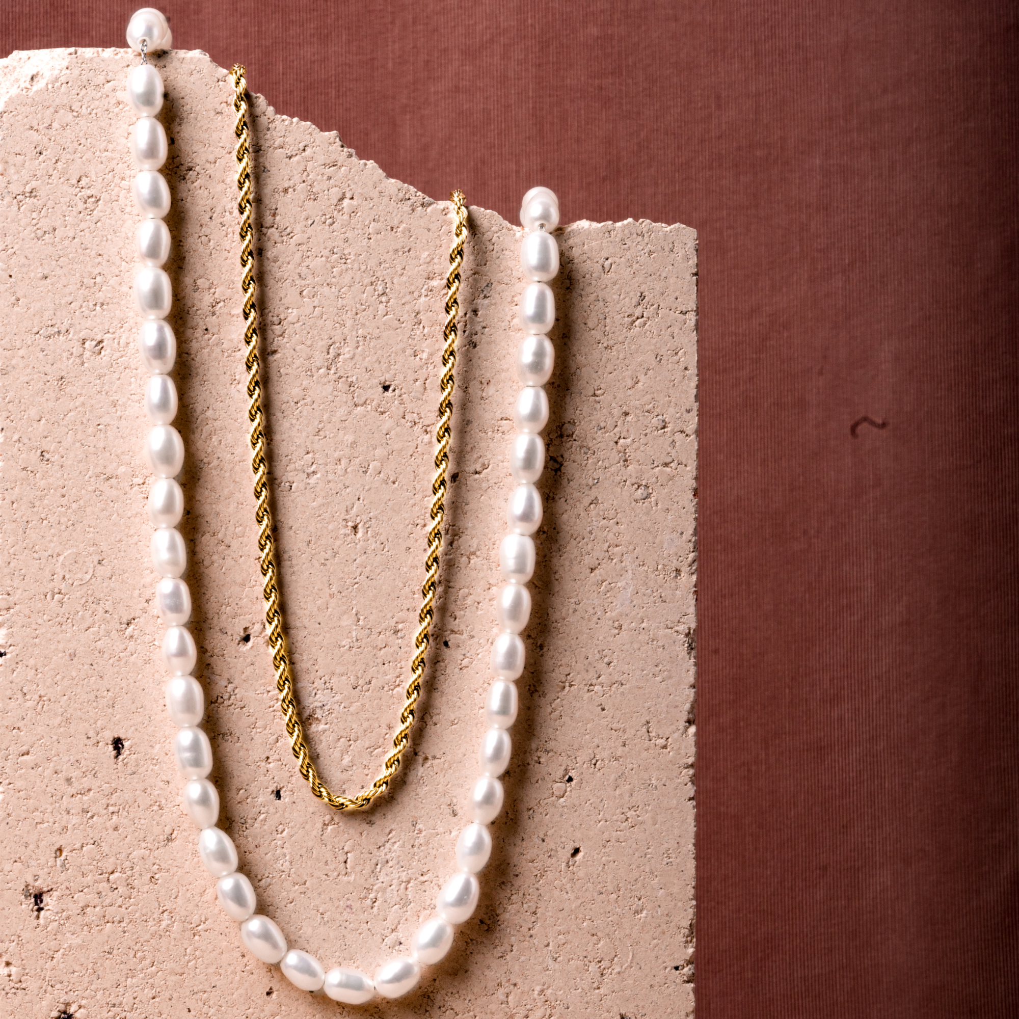 Fresh water pearls necklace and rope chain stainless steel non toxic comfortable and water resisttant MIA JWL