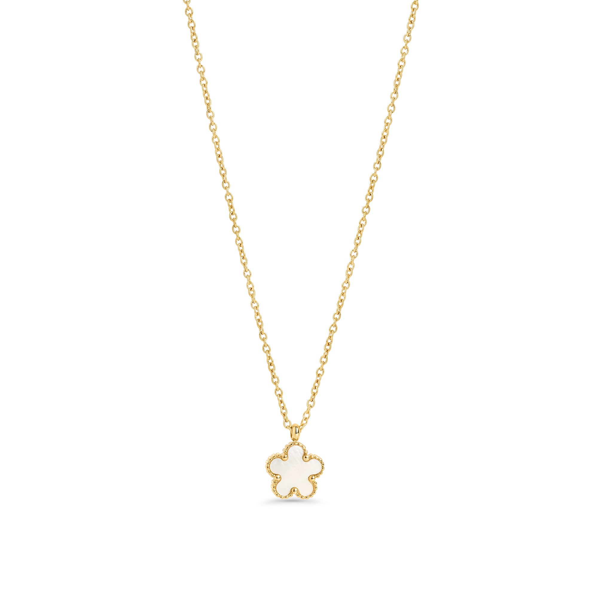 Gold flower pendant necklace with mother of pearl – hypoallergenic, waterproof & non-tarnish stainless steel necklace for sensitive skin, affordable luxury jewelry by Mia Bijoux Canada