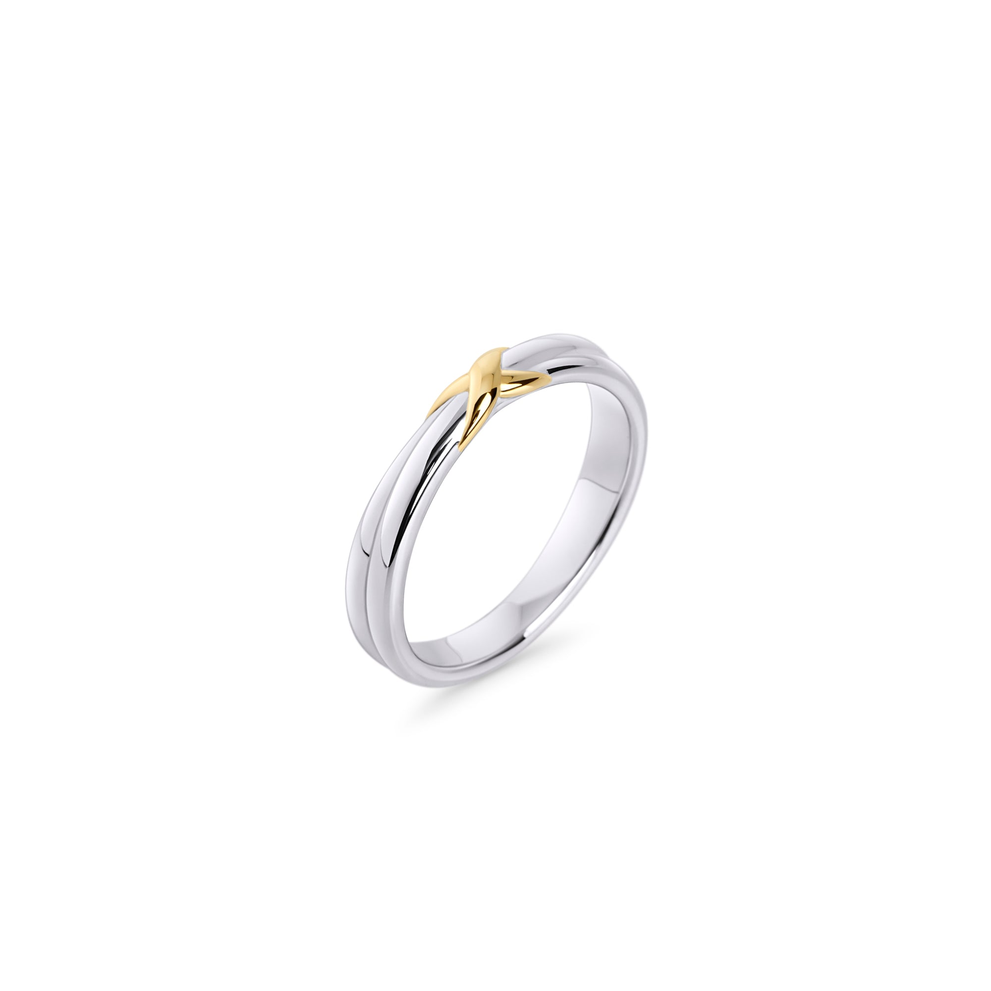Two-tone stainless steel ring in silver and gold with minimalist crossover design, modern stackable band ring, hypoallergenic non-tarnish durable everyday jewelry Canada.
