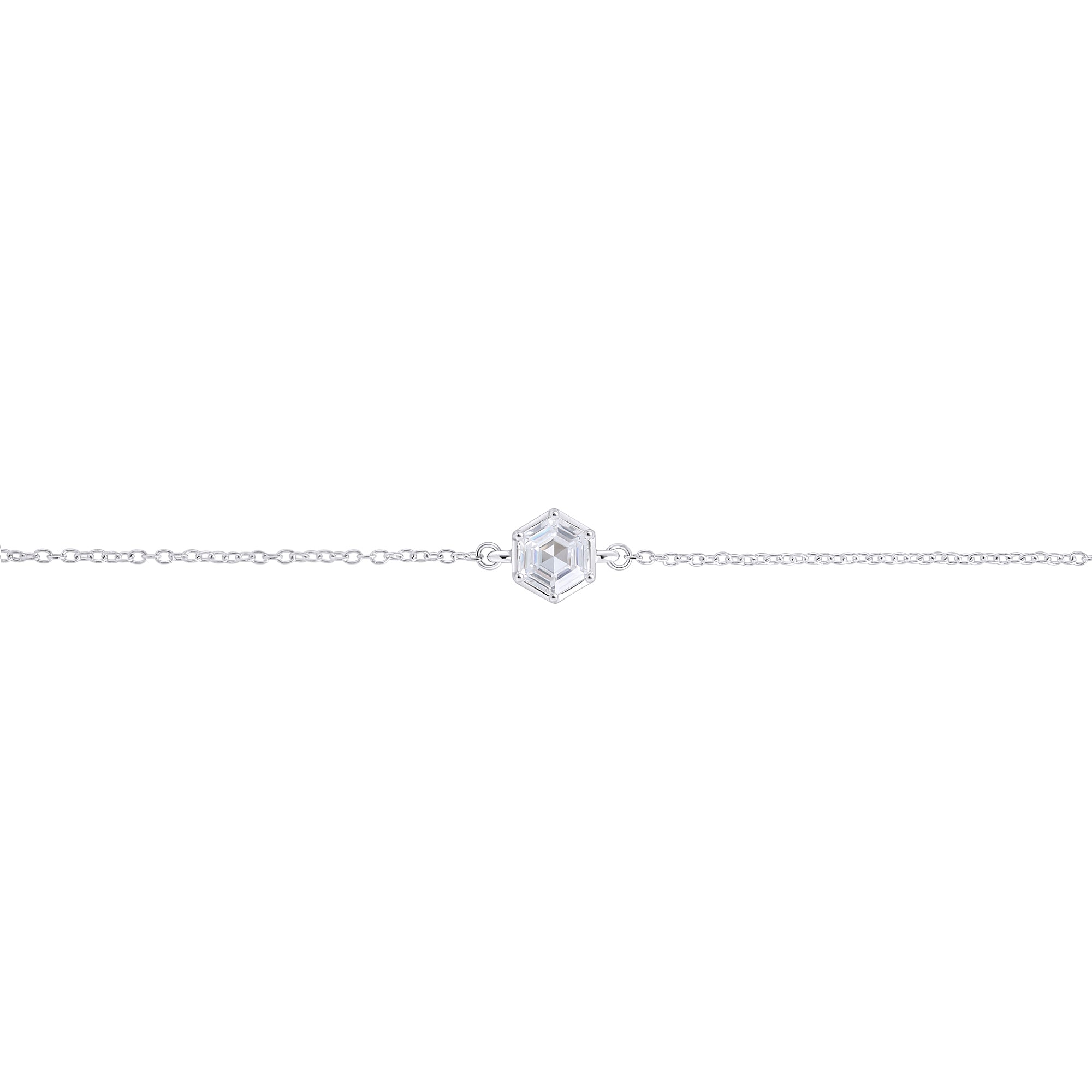 Silver stainless steel bracelet with hexagon cubic zirconia solitaire, minimalist delicate chain bracelet, hypoallergenic non-tarnish durable everyday jewelry Canada.
