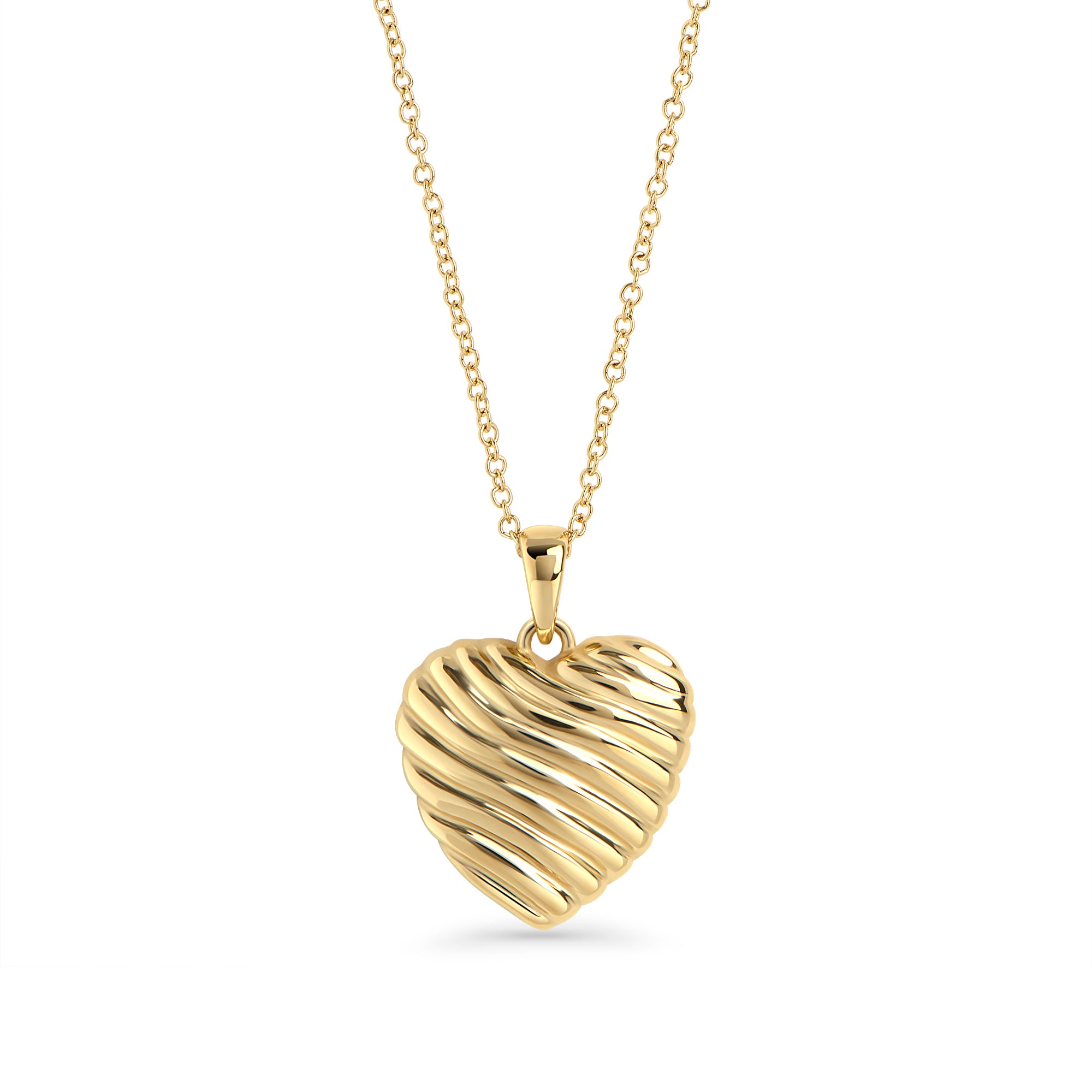 Gold stainless steel heart pendant necklace with sculptural ribbed design, bold romantic jewelry, hypoallergenic non-tarnish durable statement necklace, modern elegant heart jewelry.

