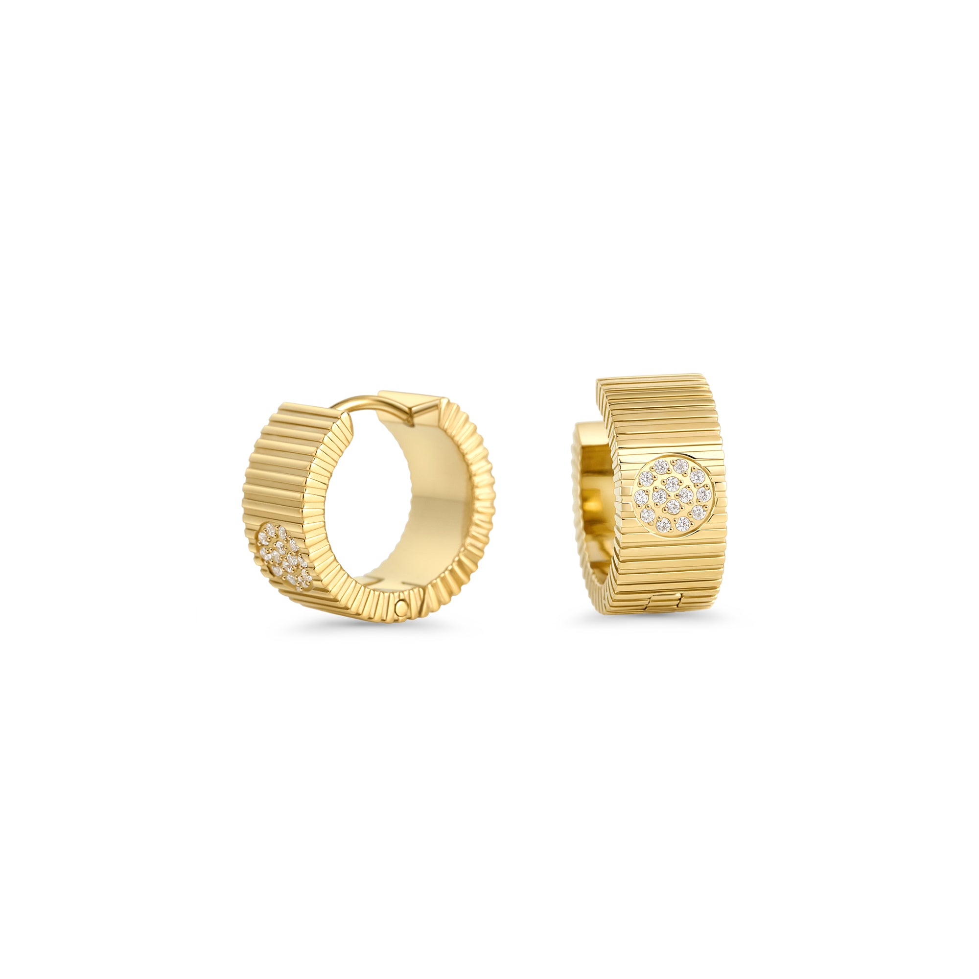 Gold ribbed huggie hoop earrings with pavé detail in stainless steel, bold modern statement earrings, tarnish resistant and hypoallergenic jewelry for sensitive ears in Canada.