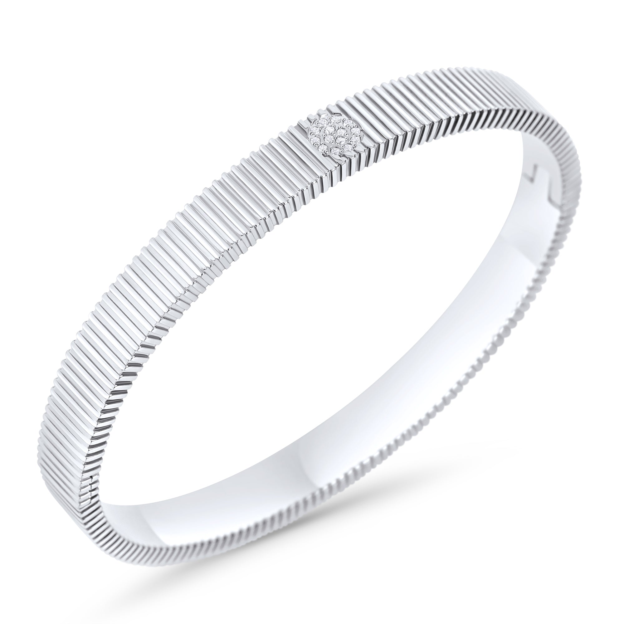 Silver ribbed bangle bracelet with cubic zirconia pavé – hypoallergenic, waterproof & non-tarnish stainless steel bangle for sensitive skin, affordable luxury jewelry by Mia Bijoux Canada
