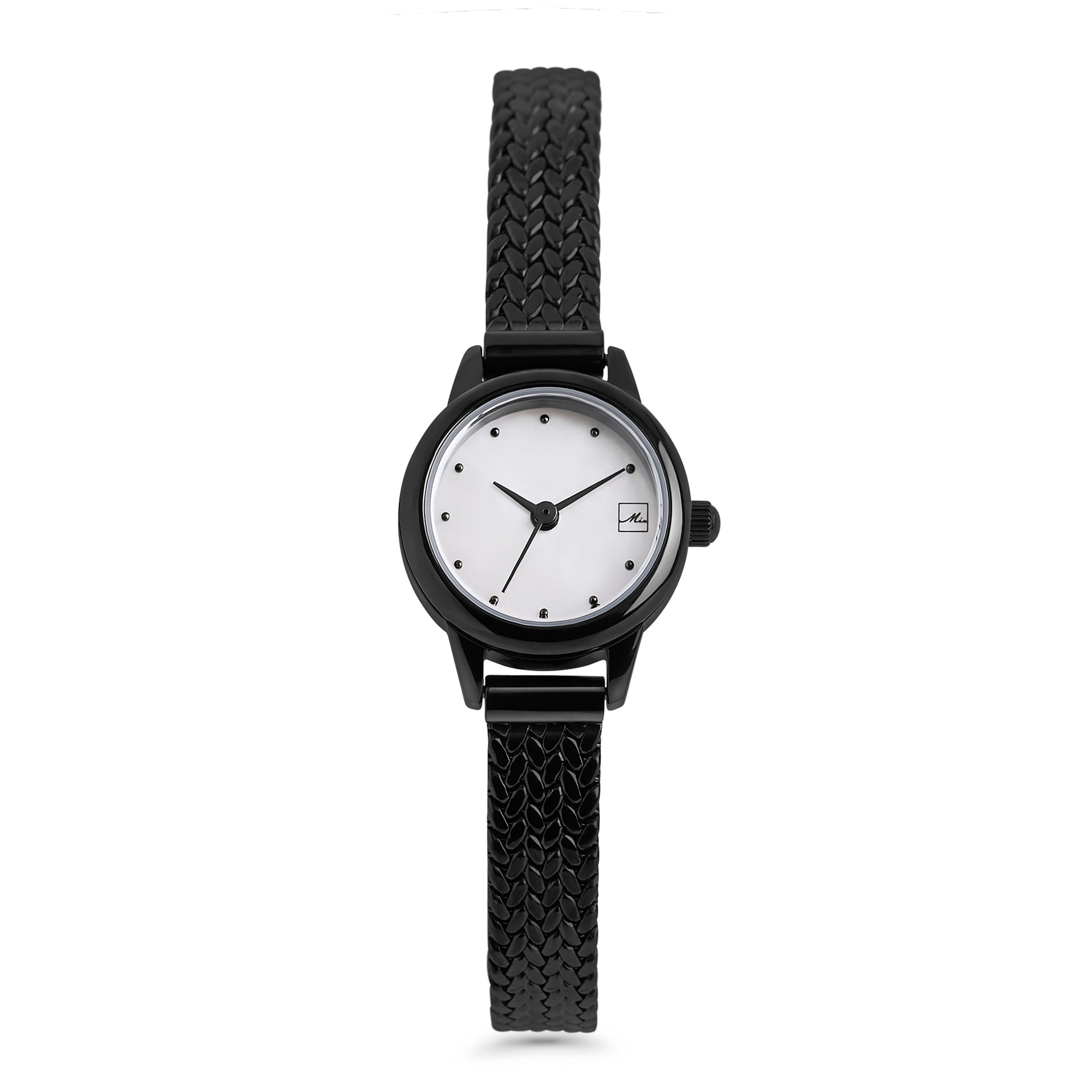 Black stainless steel women's watch with white minimalist dial and textured black bracelet strap, elegant modern timepiece, durable fashion watch Canada.
