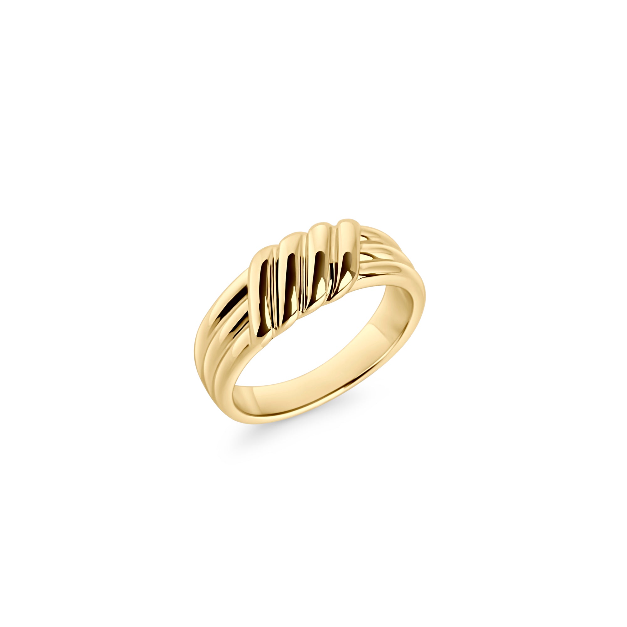 Gold stainless steel ribbed statement ring, sculptural textured band design, hypoallergenic non-tarnish durable jewelry, bold modern fashion ring for everyday wear.
