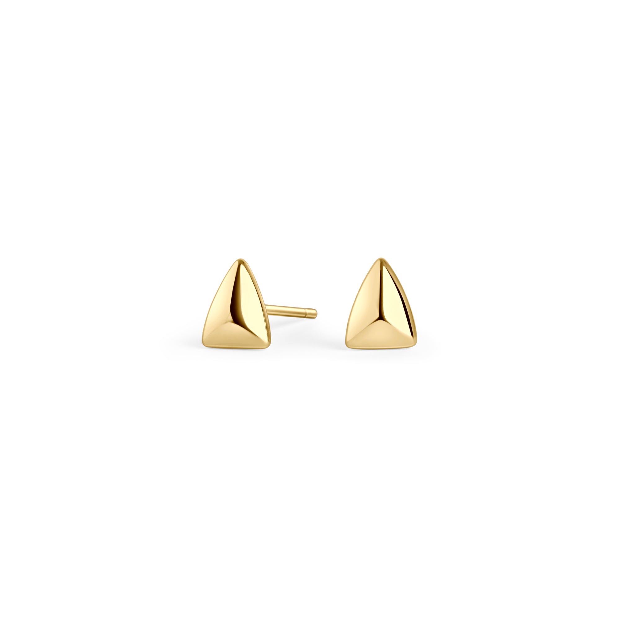 Gold stainless steel geometric stud earrings with triangular design, minimalist modern jewelry, hypoallergenic non-tarnish durable earrings, sleek everyday fashion jewelry.
