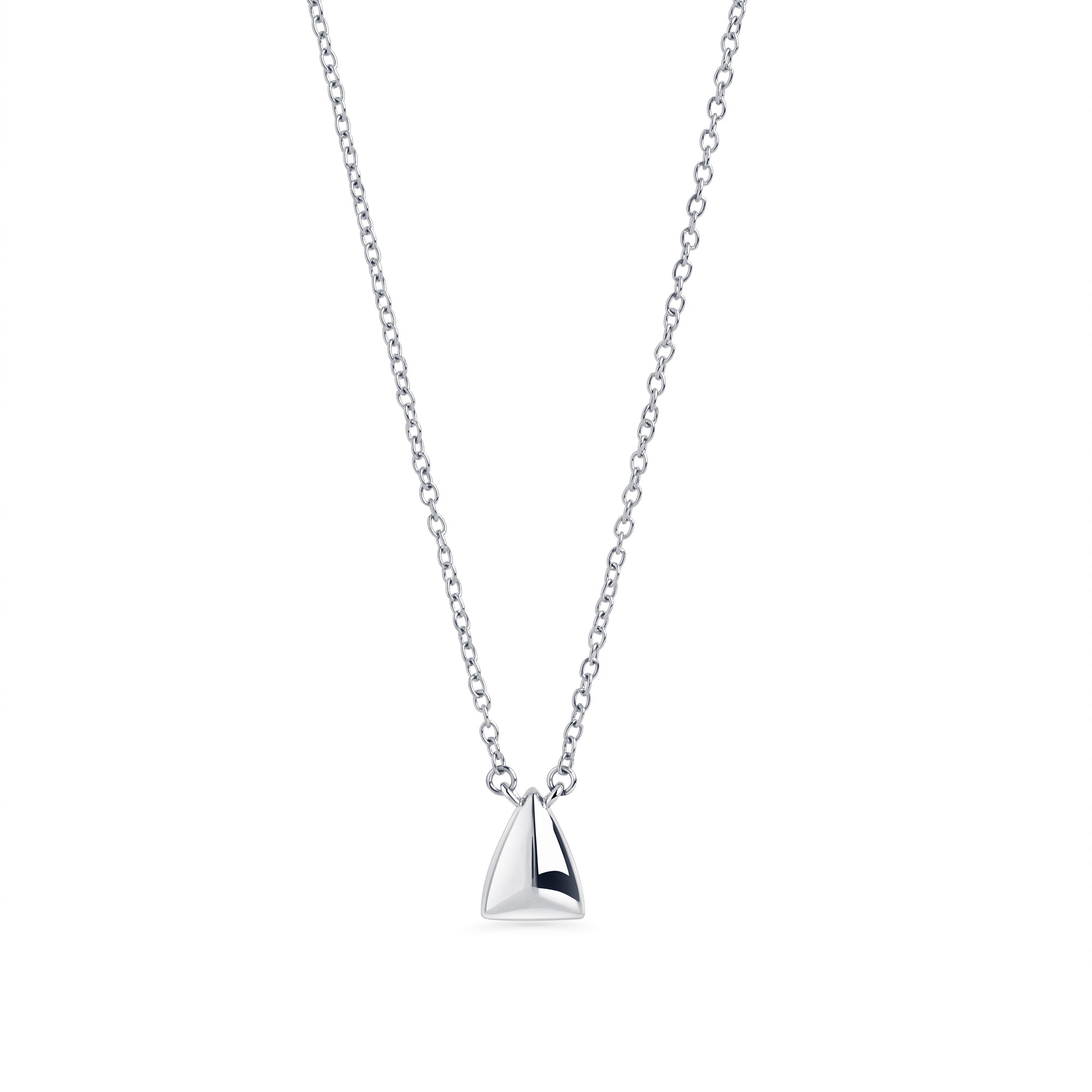 Silver stainless steel geometric pendant necklace with minimalist triangular charm, modern elegant jewelry, hypoallergenic non-tarnish durable everyday necklace, sleek contemporary jewelry design.

