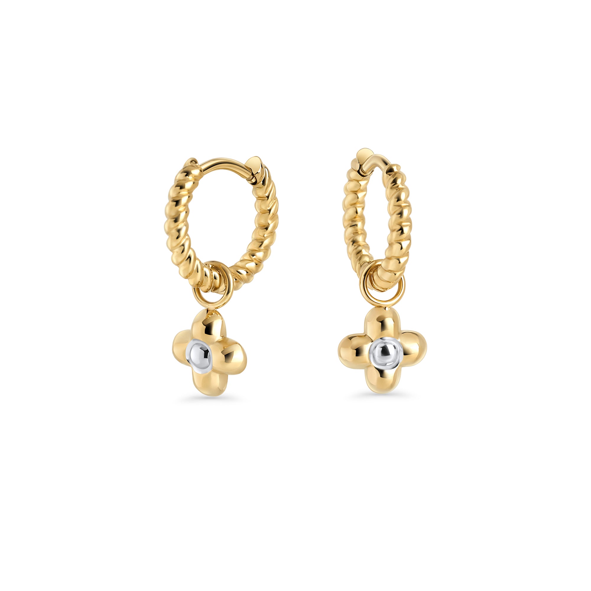 Twisted silver hoop earrings with gold flower charm in surgical stainless steel, hypoallergenic earrings for sensitive ears, lightweight, durable and tarnish resistant in Canada.