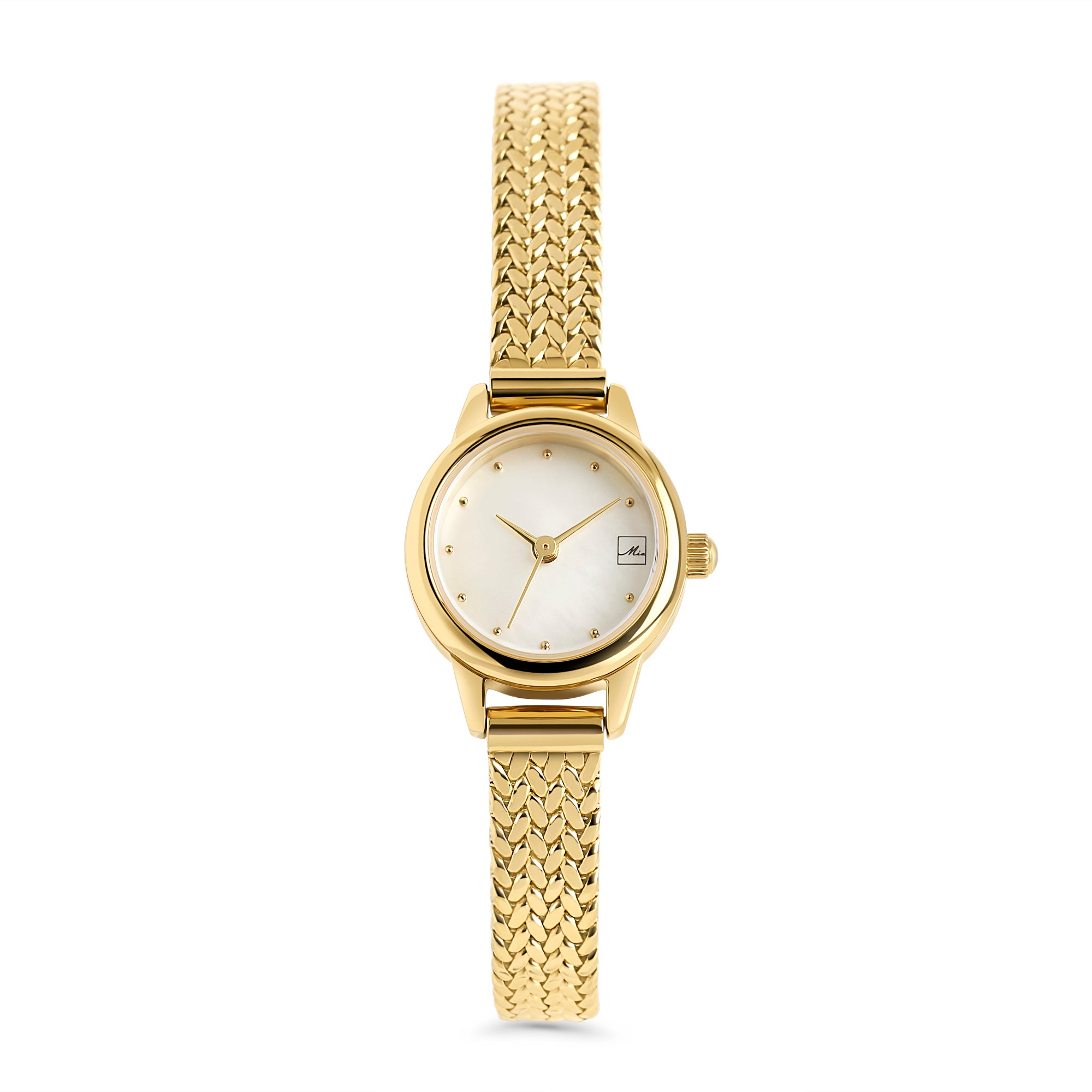 Gold stainless steel women's watch with minimalist white dial and textured gold bracelet strap, elegant modern timepiece, durable luxury fashion watch Canada.
