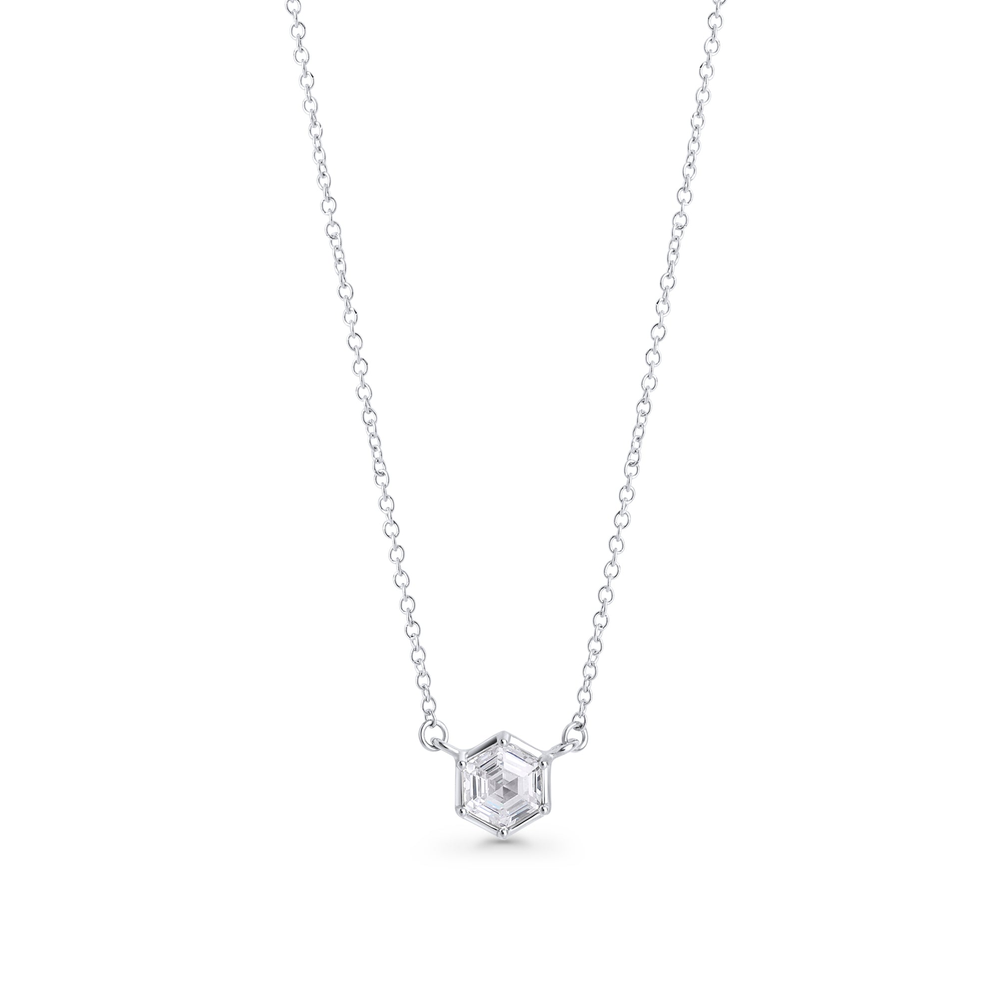 Silver stainless steel necklace with hexagon-cut cubic zirconia pendant, minimalist geometric jewelry design with brilliant stone on delicate chain.
