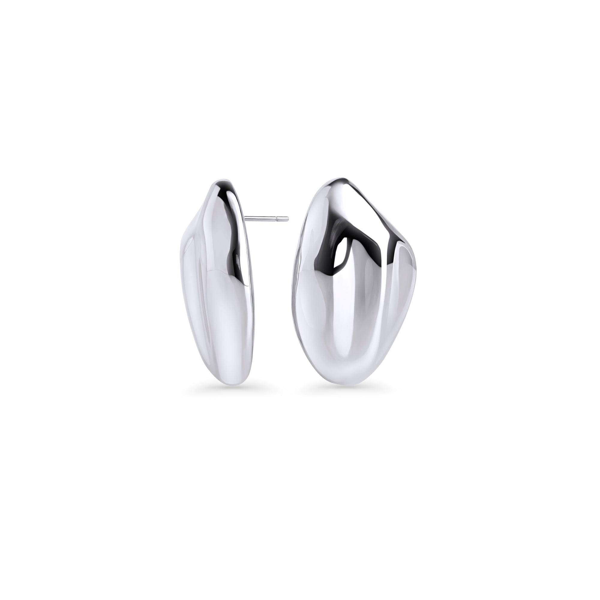 Silver stainless steel statement stud earrings with bold organic sculptural shape, hypoallergenic earrings for sensitive ears, non-tarnish durable contemporary minimalist jewelry Canada.