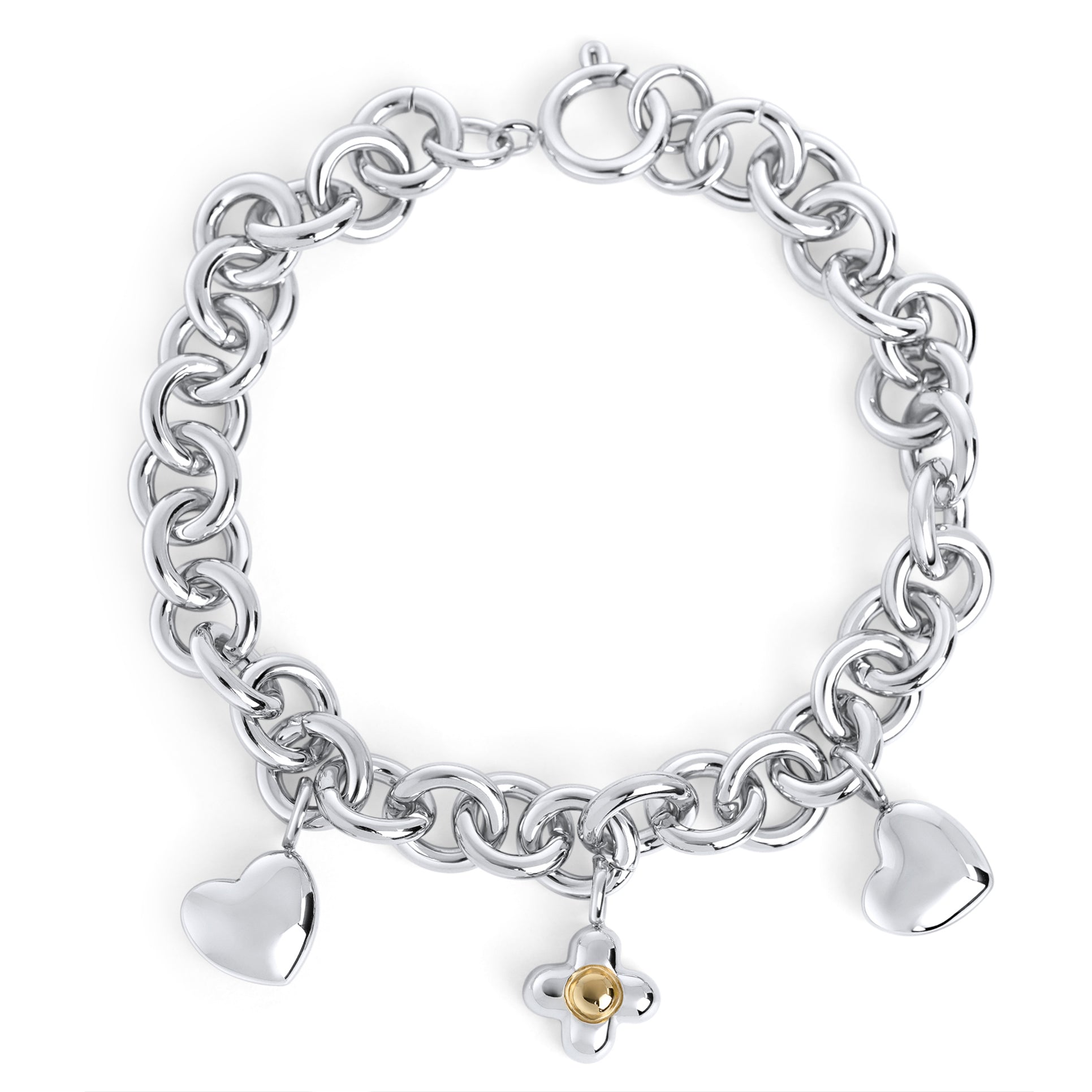 Chunky silver chain bracelet with heart and flower charms in stainless steel, bold modern jewelry with high-polish finish, durable, tarnish resistant and designed for everyday wear in Canada.