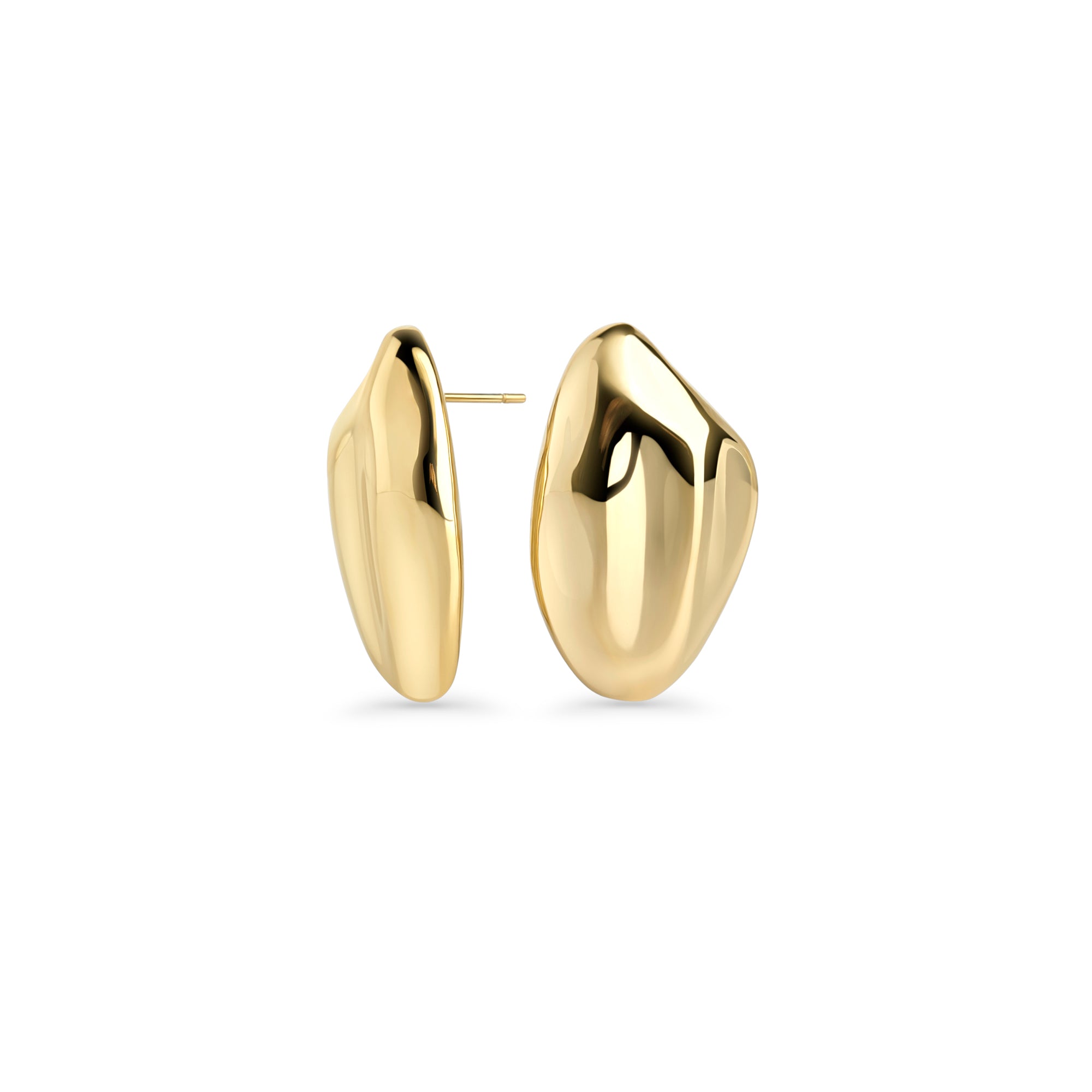 Gold stainless steel statement stud earrings with bold organic sculptural shape, hypoallergenic earrings for sensitive ears, non-tarnish durable contemporary minimalist jewelry Canada.
