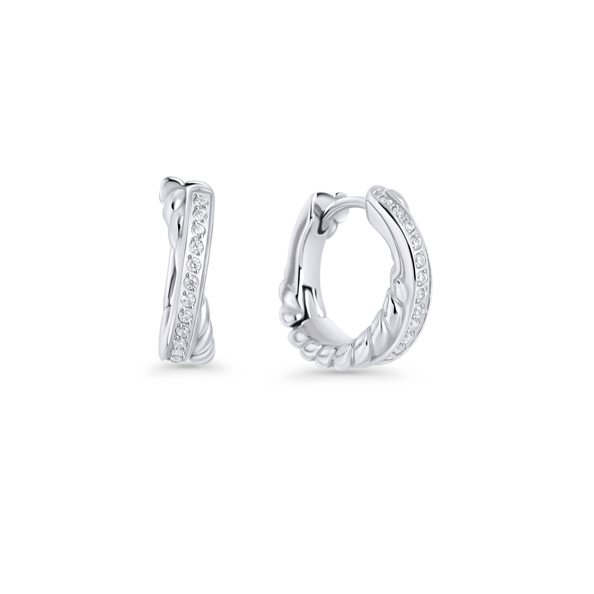 Silver stainless steel twisted huggie hoop earrings with cubic zirconia pavé stones, hypoallergenic earrings for sensitive ears, tarnish-resistant durable minimalist everyday jewelry Canada.