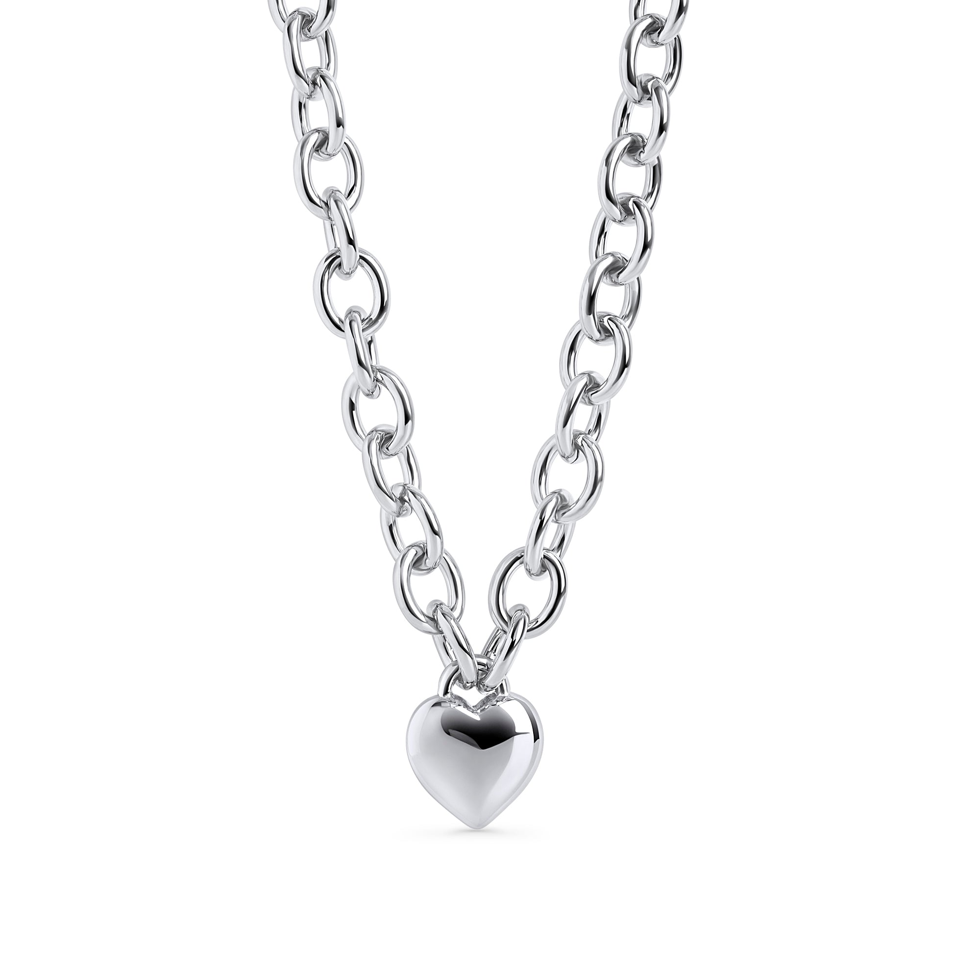 Silver stainless steel chunky chain necklace with heart pendant, bold modern jewelry, hypoallergenic non-tarnish durable statement necklace, trendy elegant heart jewelry.