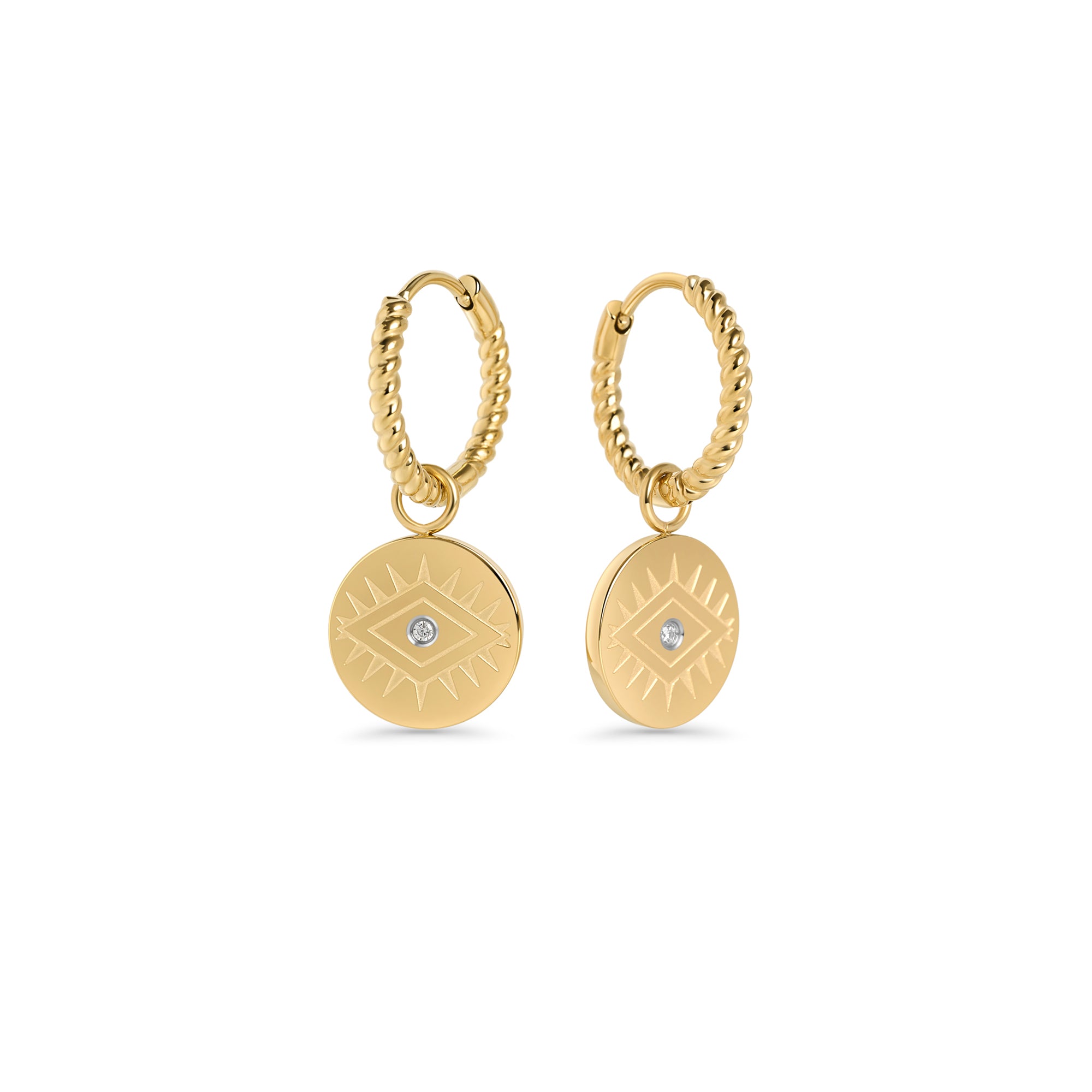 Evil eye gold coin charm huggie earrings with cubic zirconia – hypoallergenic, non-tarnish stainless steel earrings for sensitive ears by Mia Bijoux Canada