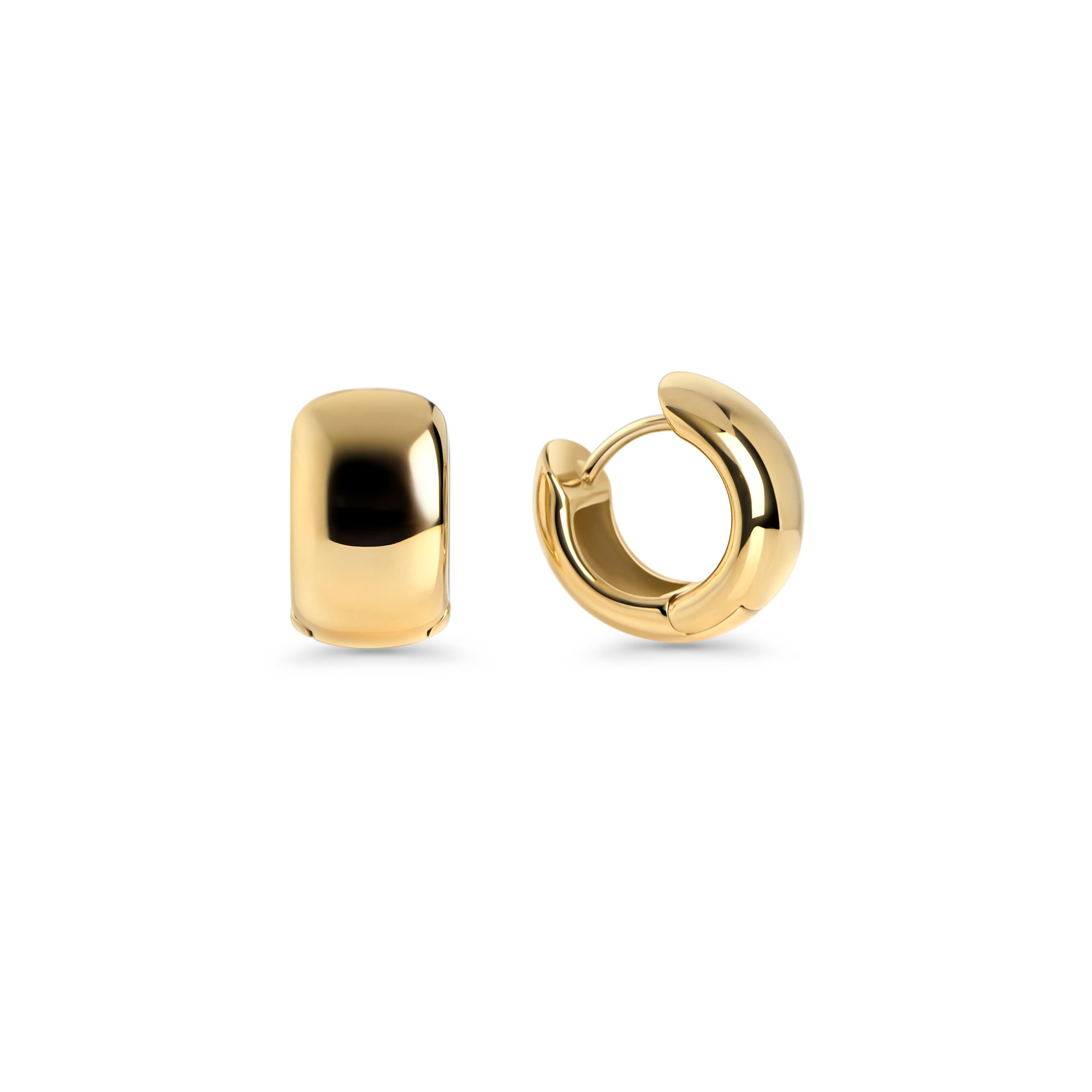 Gold stainless steel chunky huggie hoop earrings with smooth rounded design, hypoallergenic earrings for sensitive ears, non-tarnish durable minimalist everyday jewelry Canada.