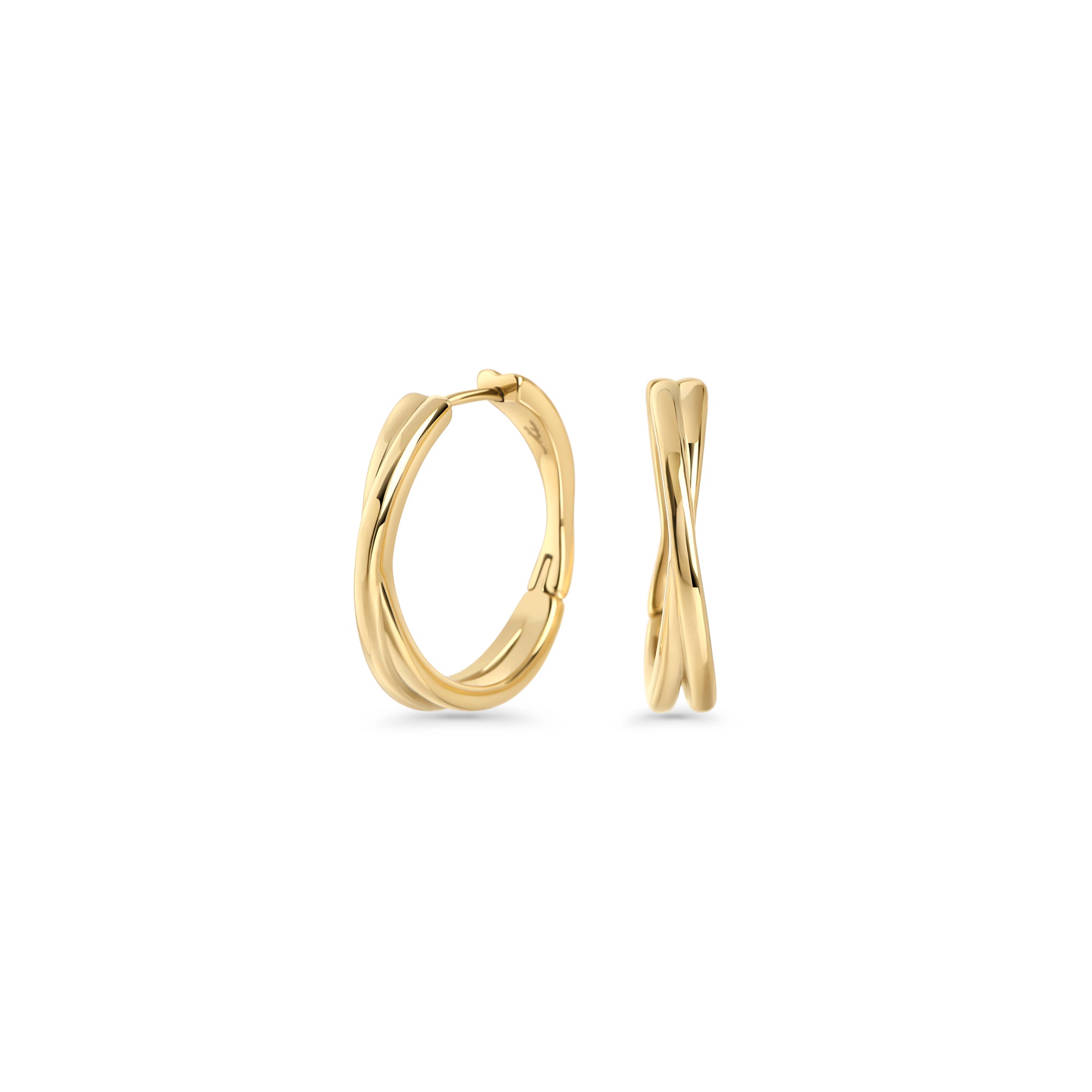 Gold stainless steel twisted huggie hoop earrings, minimalist hypoallergenic earrings for sensitive ears, tarnish-resistant durable everyday jewelry, modern affordable luxury jewelry Canada.