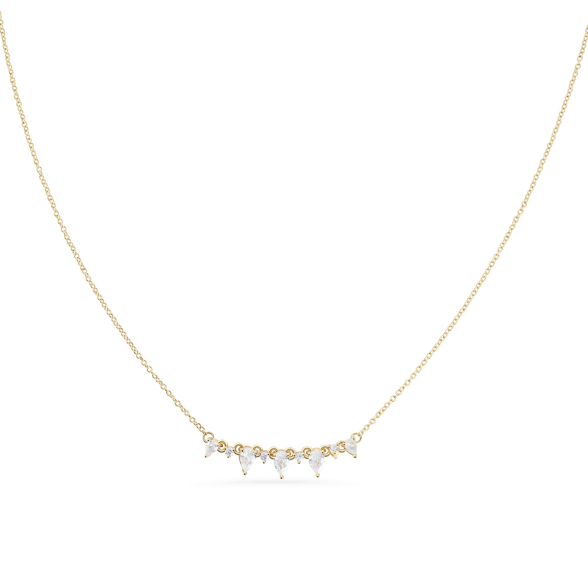 Silver stainless steel necklace with marquise and round cubic zirconia stones, delicate bar pendant design with sparkling minimalist cluster.