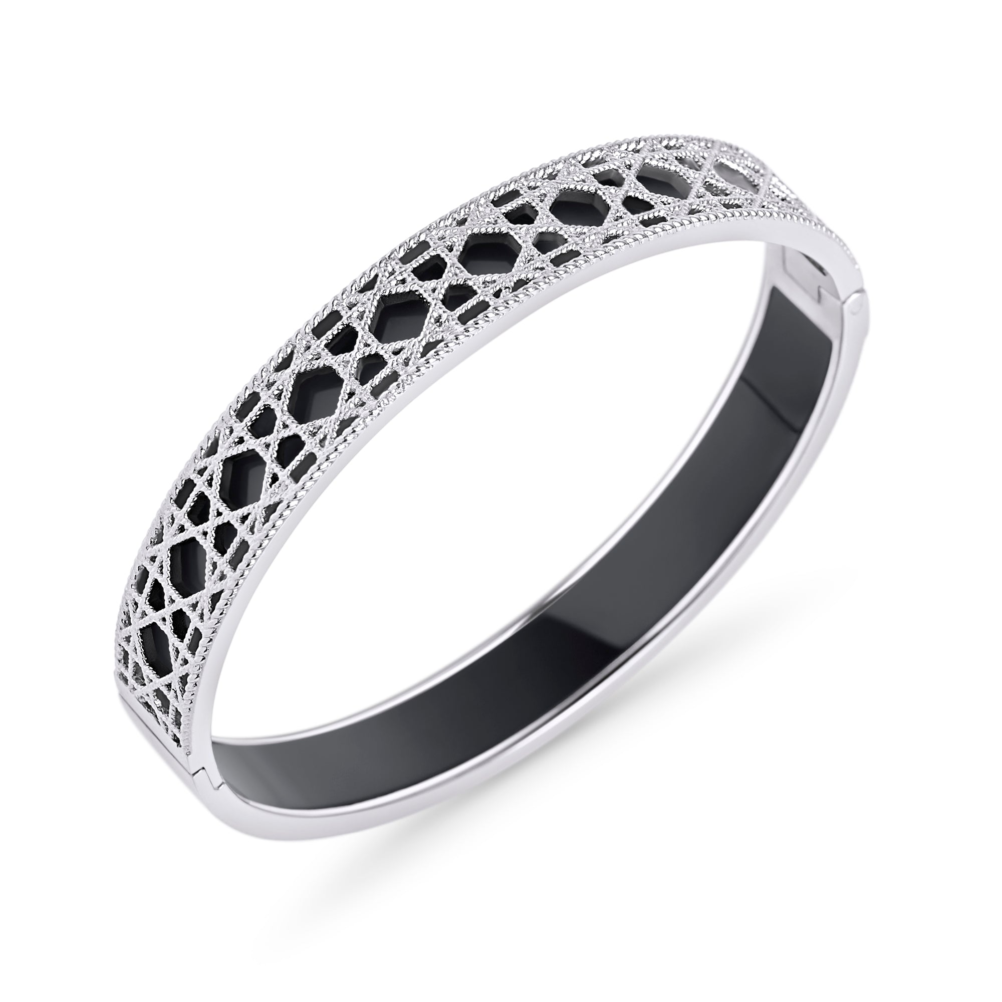 Silver and black filigree lattice bangle bracelet – nickel-free, waterproof & tarnish-resistant stainless steel bangle for women, top-rated statement jewelry by Mia Bijoux Canada