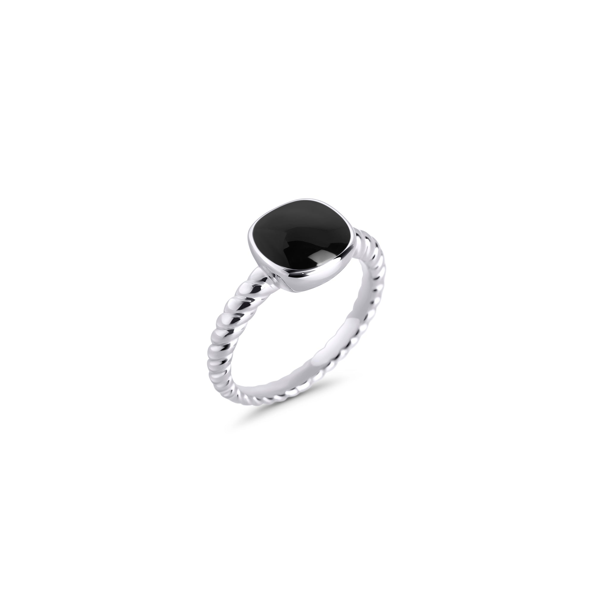Silver stainless steel ring with black gemstone, twisted band design with polished oval stone, bold minimalist statement ring with modern elegant style.