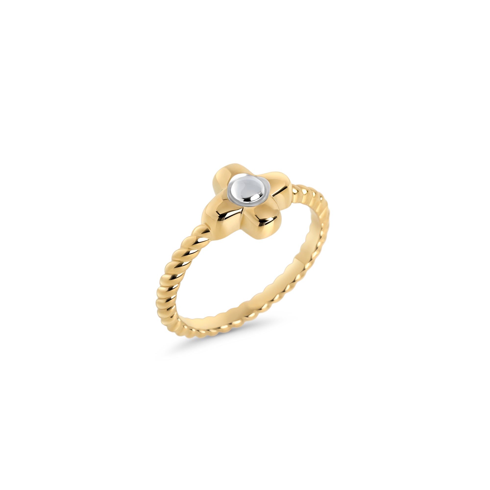 Gold twisted flower ring in surgical stainless steel, hypoallergenic jewelry for sensitive skin, affordable and tarnish free.