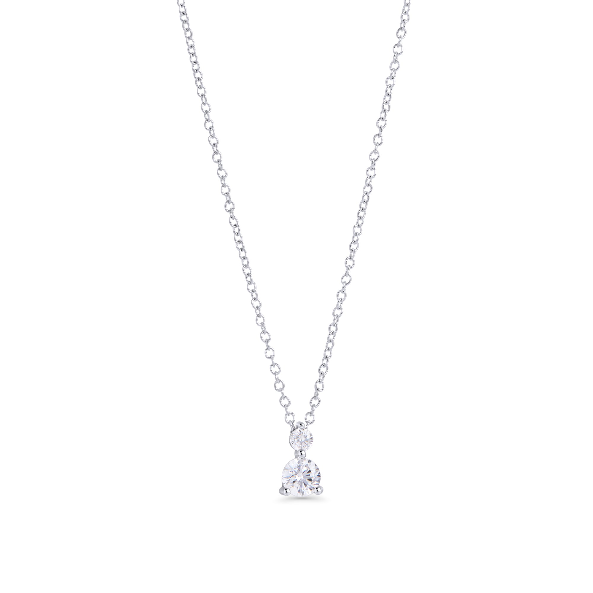 Silver stainless steel pendant necklace with two round cubic zirconia stones, delicate chain with brilliant drop design and timeless minimalist jewelry style.