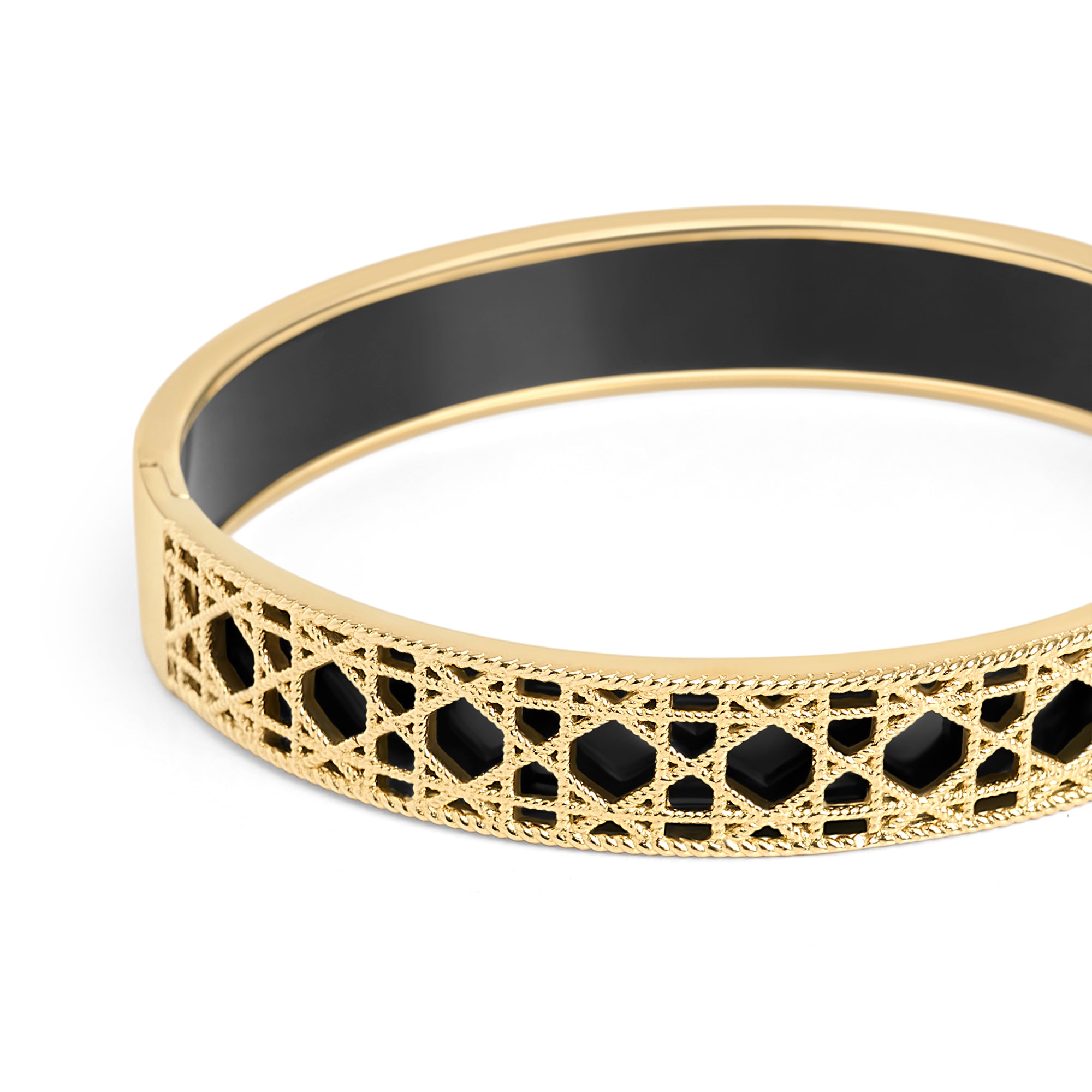Gold and black filigree lattice bangle bracelet with matching statement rings – allergy-free, tarnish-resistant stainless steel jewelry set for women, affordable luxury by Mia Bijoux Canada