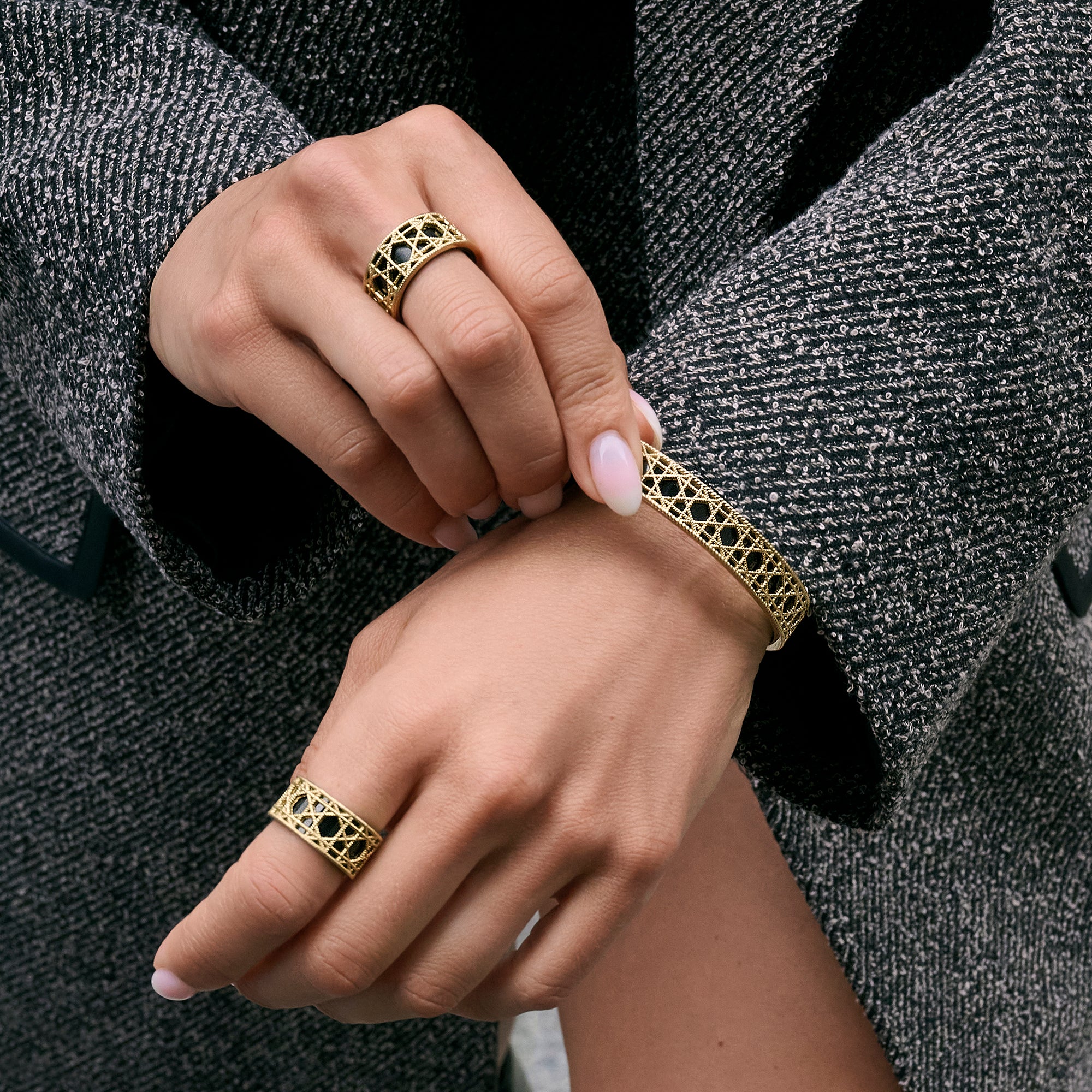 Gold and black filigree lattice bangle bracelet with matching statement rings – allergy-free, tarnish-resistant stainless steel jewelry set for women, affordable luxury by Mia Bijoux Canada
