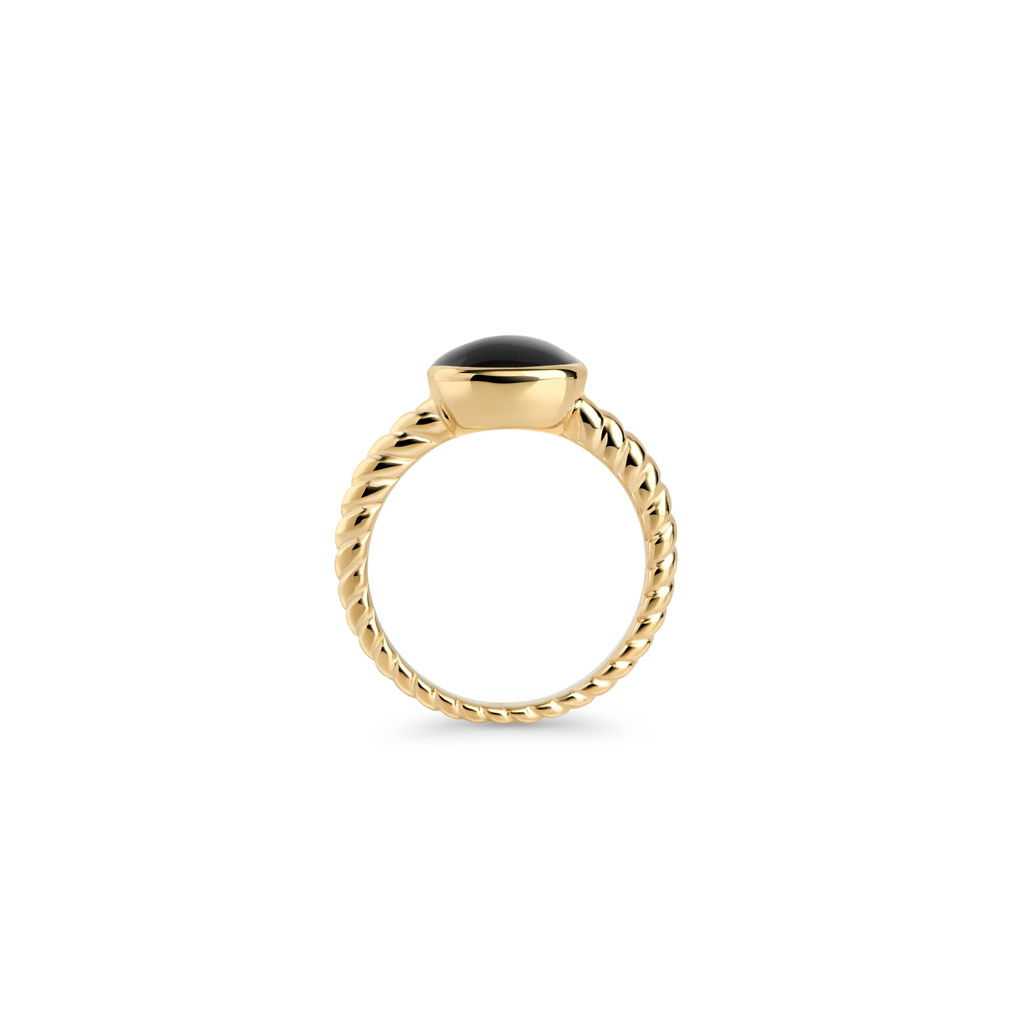 Gold stainless steel ring with black gemstone, twisted band design with polished oval stone, bold minimalist statement ring with modern elegant style.